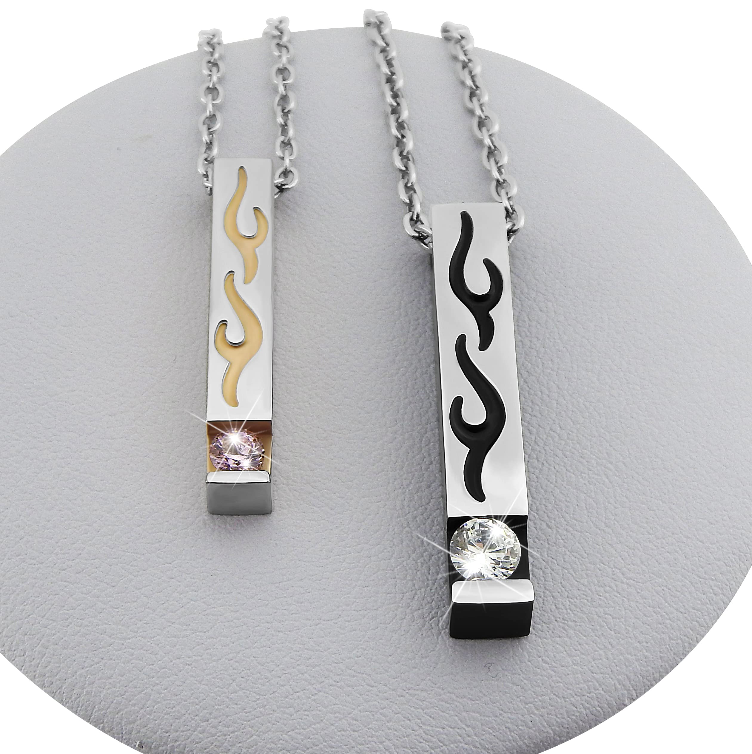 2 Stück Personalisierte Kette mit Gravur Edelstahl 50 cm mit Anhänger Flammen und Feuer in silber schwarz gold - Personalisierte Geschenke für Damen Herren Freundin Freund - Partner Halskette