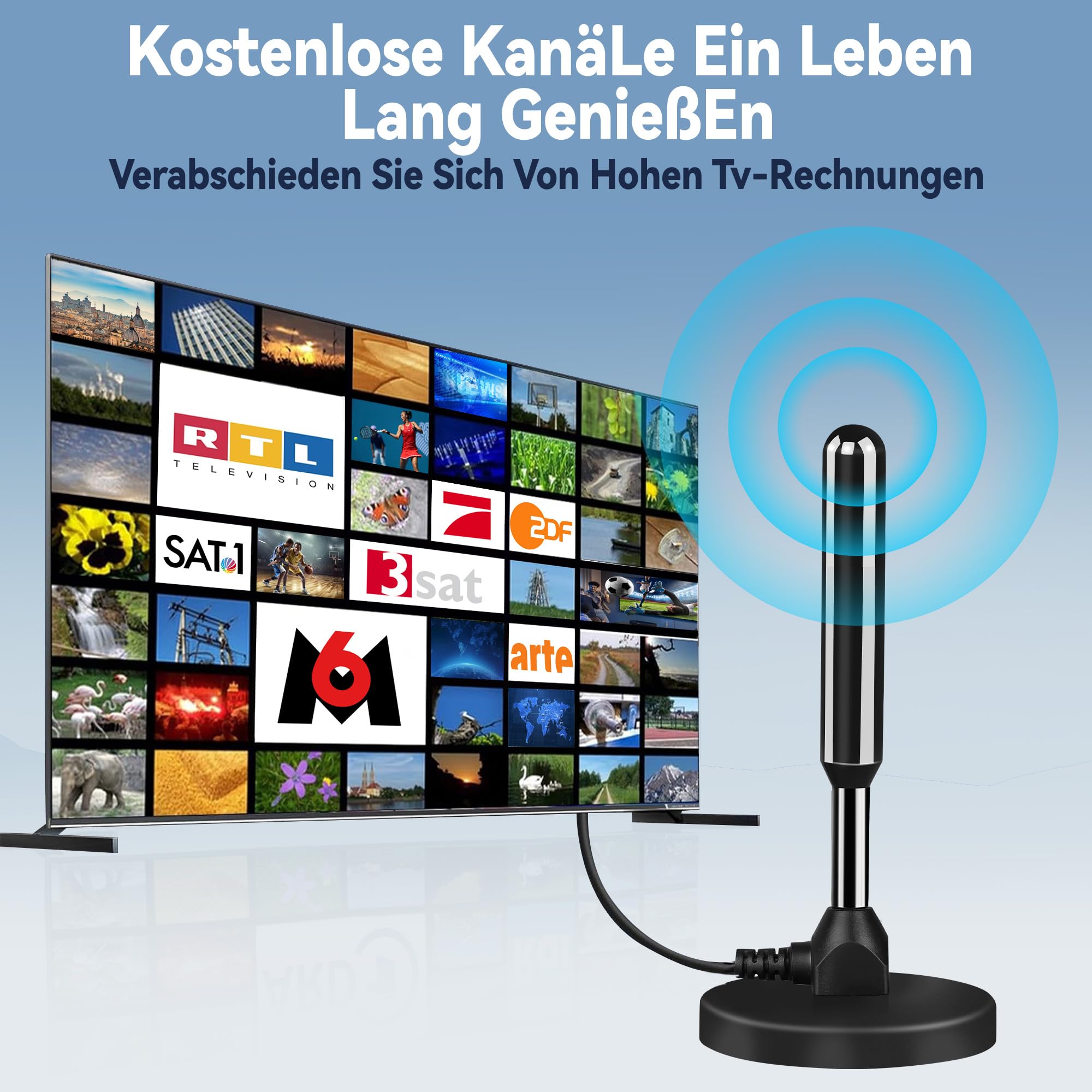 DVB-T2 Antenne mit Verstärker für Innen – Zimmerantenne für Fernseher, DVB-T/T2, TV Antenne 4K UHD Full HD, 360° Empfang bis 500 km, kostenlose Sender