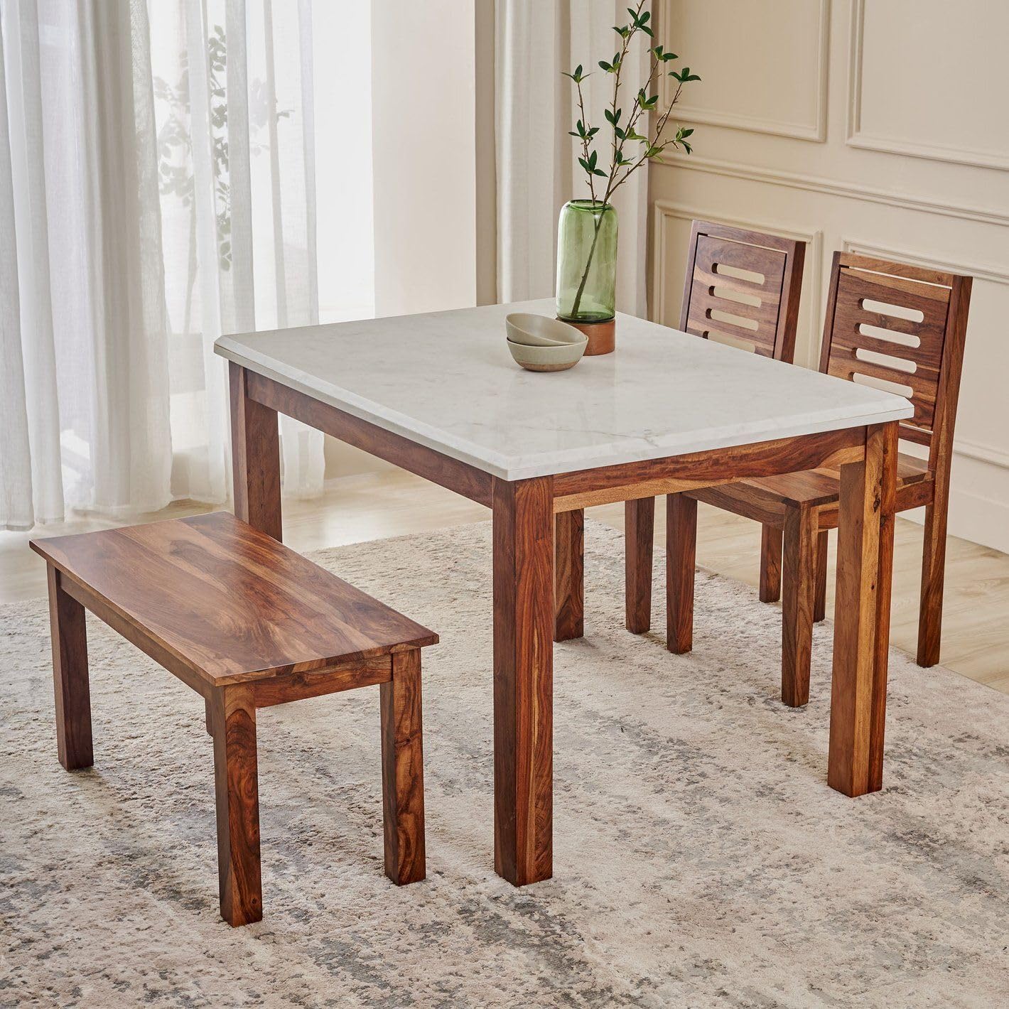 Sheesham Wood 4 Seater Dining Table Set with White Marble Top | Wooden Dining Table with 2 Chairs & Bench | Modern Dining Room Furniture Set for Home & Kitchen (Teak Finish)-image-44