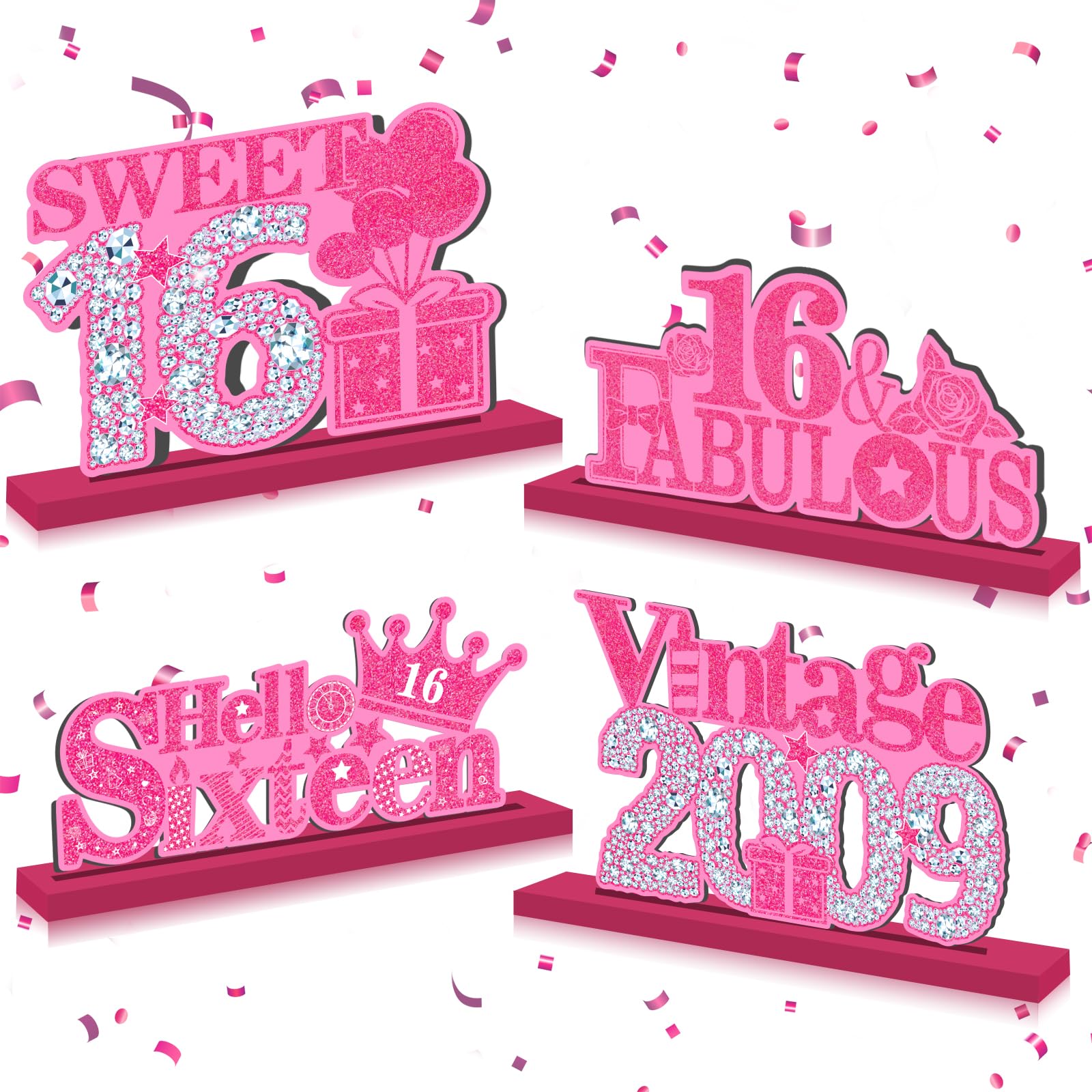 4Pcs Pink 16th Birthday Decorations Sweet 16 Birthday Table Decorations Hot Pink Silver 16th Birthday Table Sign with Wood Stand Vintage 2009 Table Decorations 16 Years Table Centerpieces for Girls