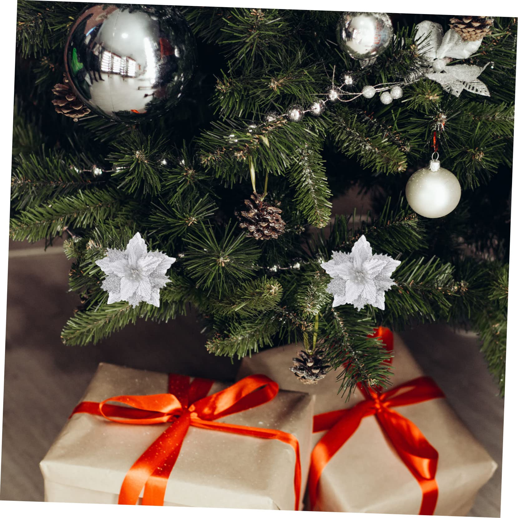 64 pcs Fleur de Noël Artificielle Fleur de Noël Fête Fleur Prop Poinsettia Fleurs Artificielles Noël Paillettes Fleurs Vacances Paillettes Poudre Fleurs Artificielles Arbre de Noël