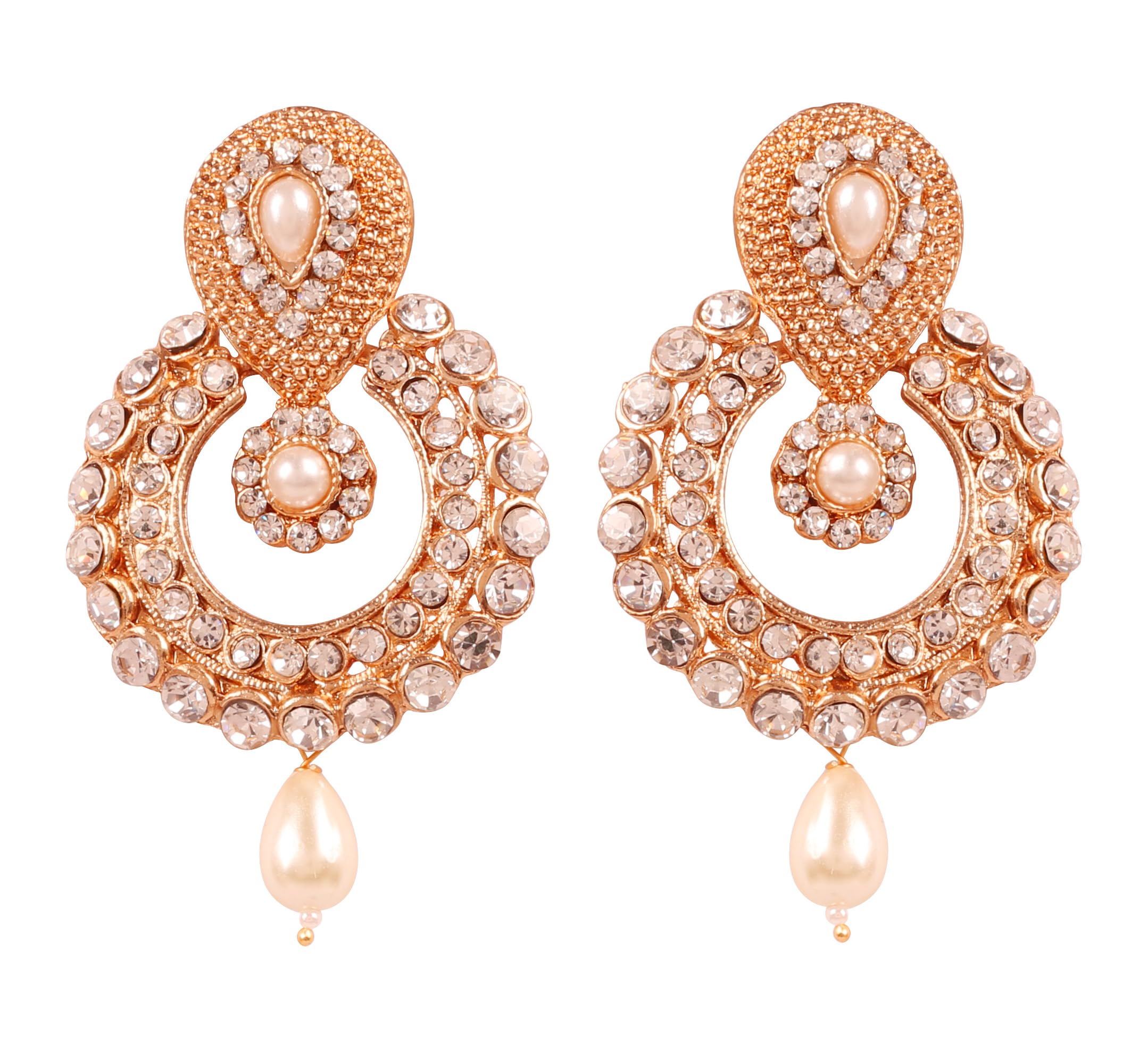 Indian Bollywood Chandbali Moon Kundan Polki Look Rhinestones With Hanging Drop Long Bridal Designer Jewelry Chandelier Earrings For Women In Gold Tone