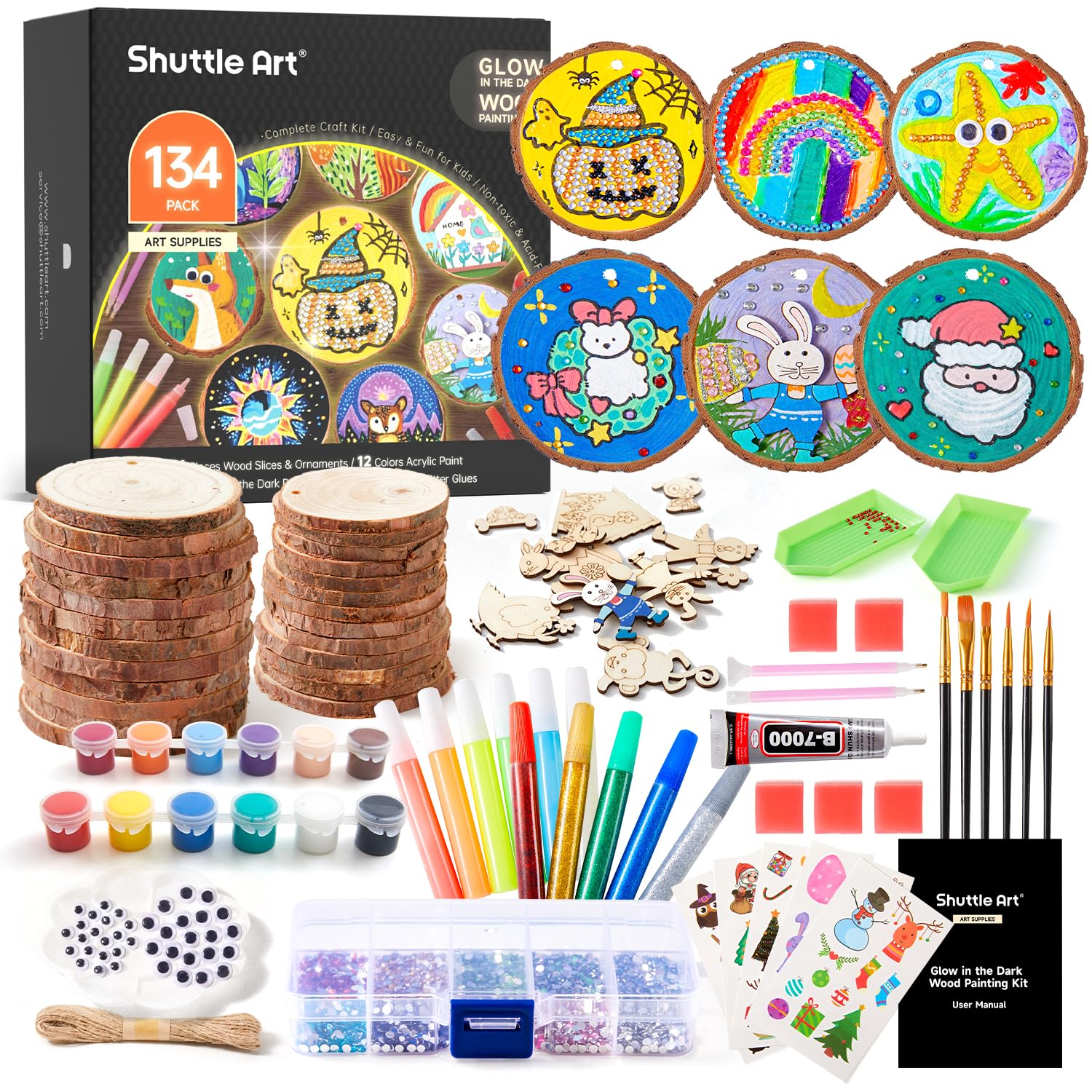 Kit de manualidades para pintar madera para niños, pintura que brilla en la oscuridad y pintura de diamantes en rodajas de madera con pegatinas, ojos móviles, manualidades ideales para niños de 5 a 12 años, regalos para Halloween, Navidad y cumpleaños.