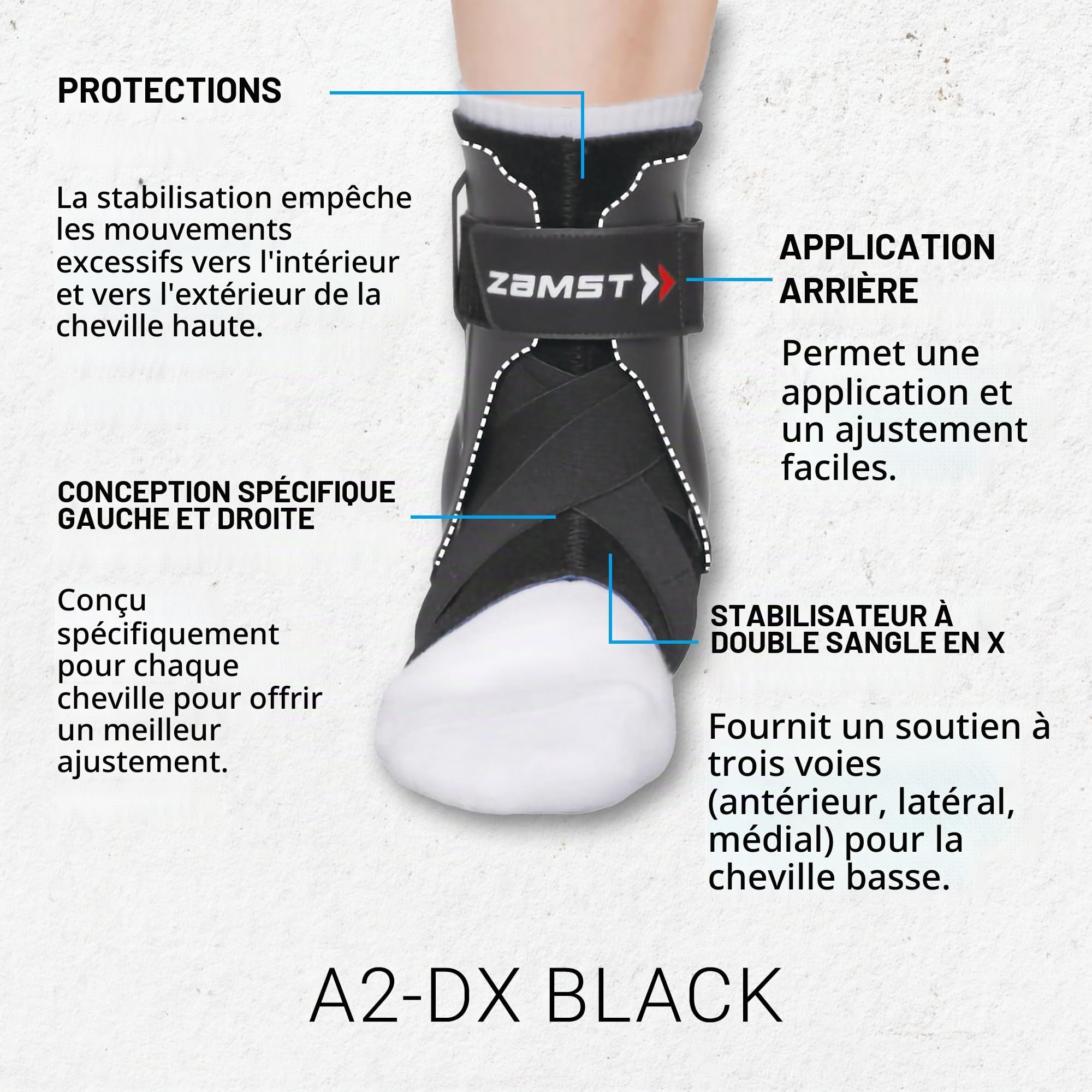 Zamst A2-DX Chevillère Noire de Sport – Support Respirant pour Cheville pour Hommes et Femmes avec Stabilisateurs Renforcés pour Entorse Grave de la Cheville – Pied Gauche, Taille S