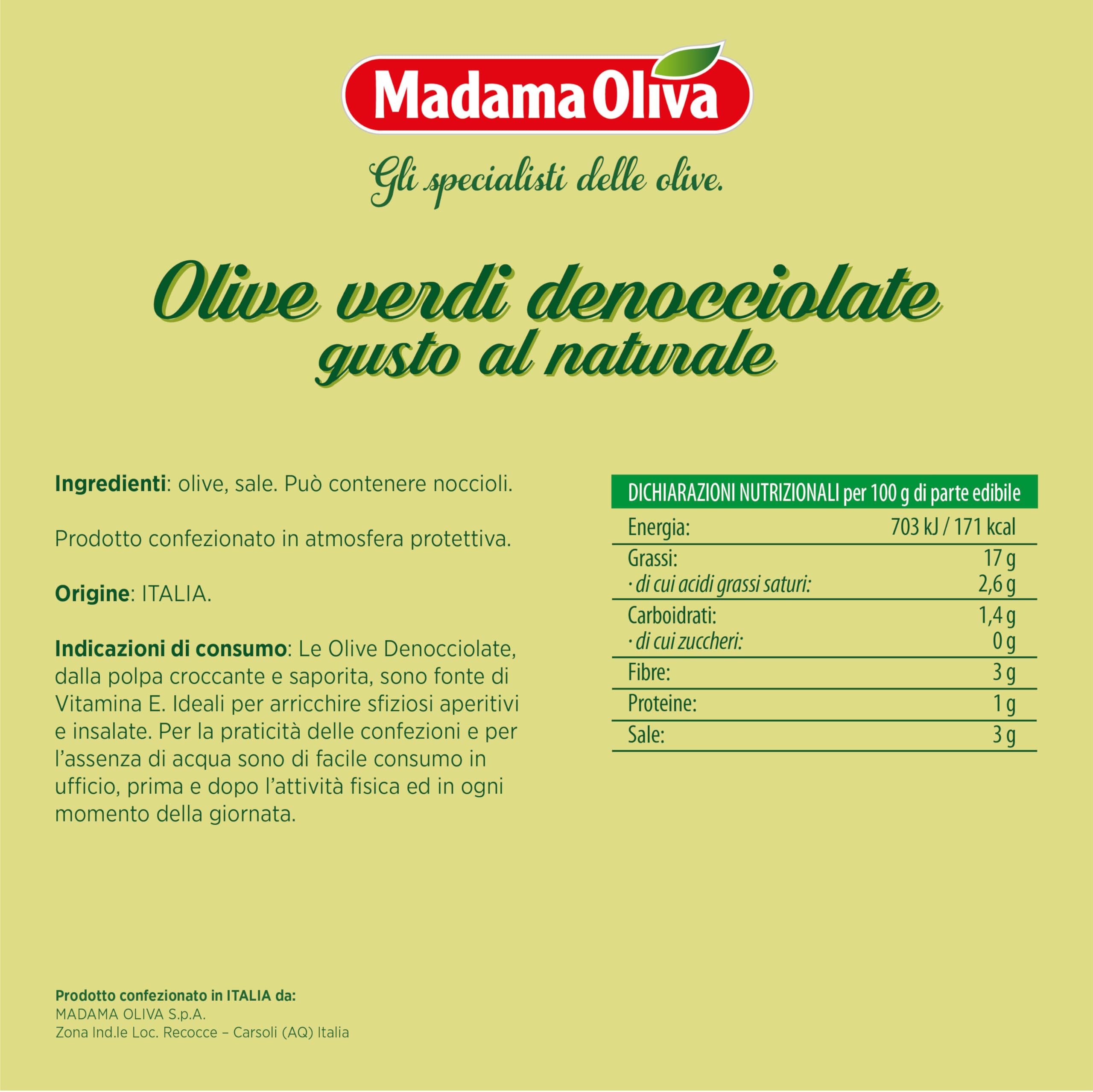 MADAMA OLIVA, Olive Verdi Denocciolate dal Colore Verde Intenso e Gusto Deciso, 100% Made in Italy, Senza Conservanti Aggiunti, 100% Vegetale, Box da 20 Buste in Alluminio da 30 gr