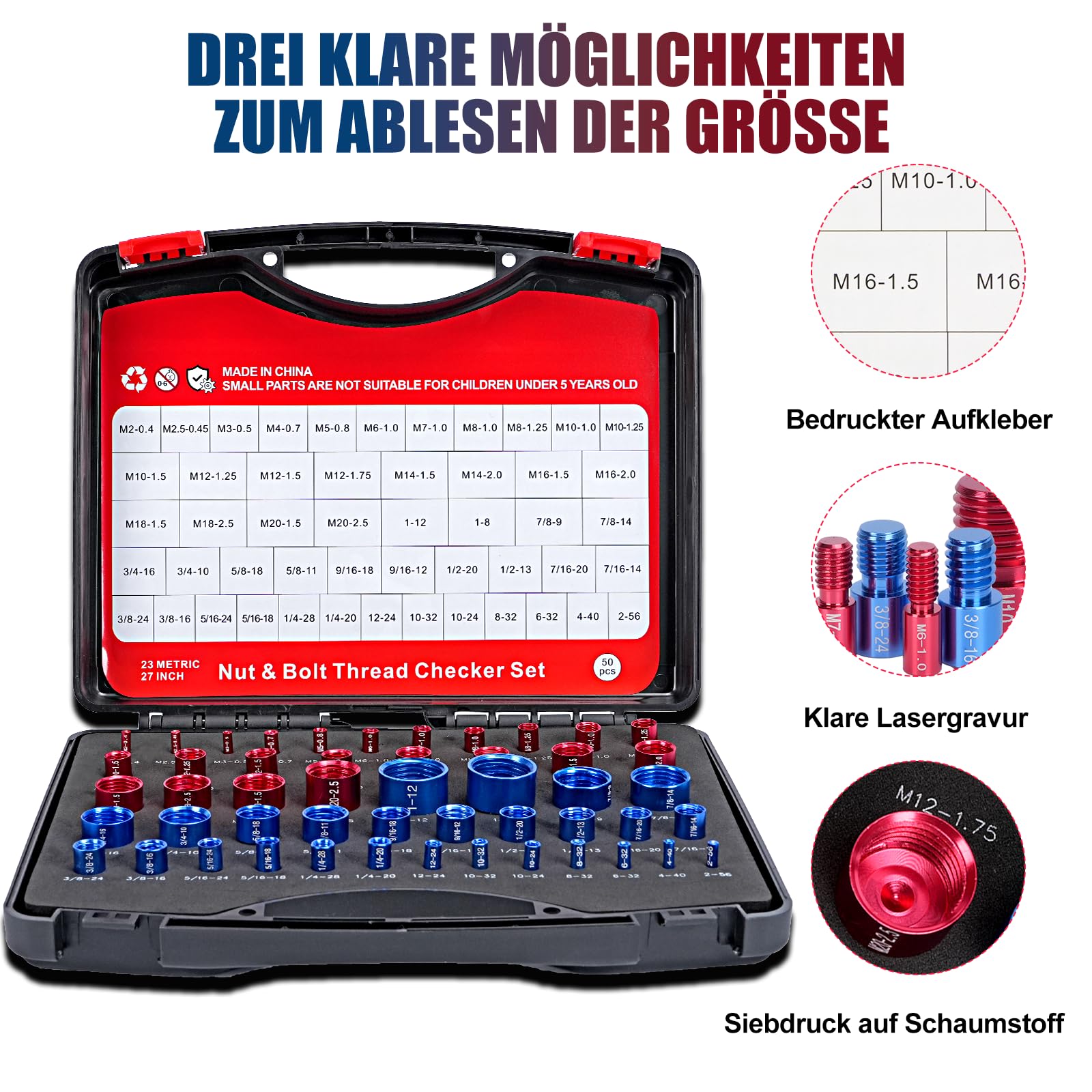 Gewindelehre Set 50-Teiliges, Aluminiumlegierung Gewindelehre, mit Metrisches und Zoll-Gewinde, Ideal zum Messen und Prüfen von Gewindegrößen