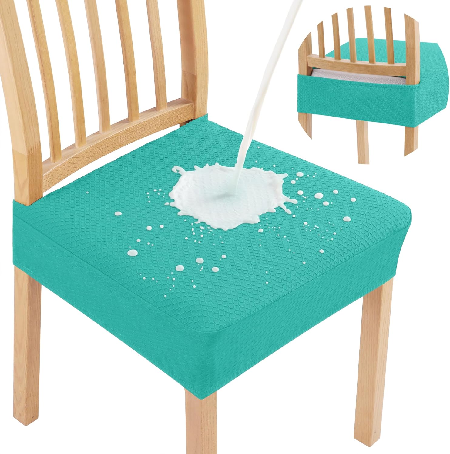 Smiry Waterproof Seat Covers for Dining Room Chairs Set of 4, Stretch Jacquard Removable Washable Chair Seat Slipcovers Protector, No Rear Covers, Teal Set of 4 Teal