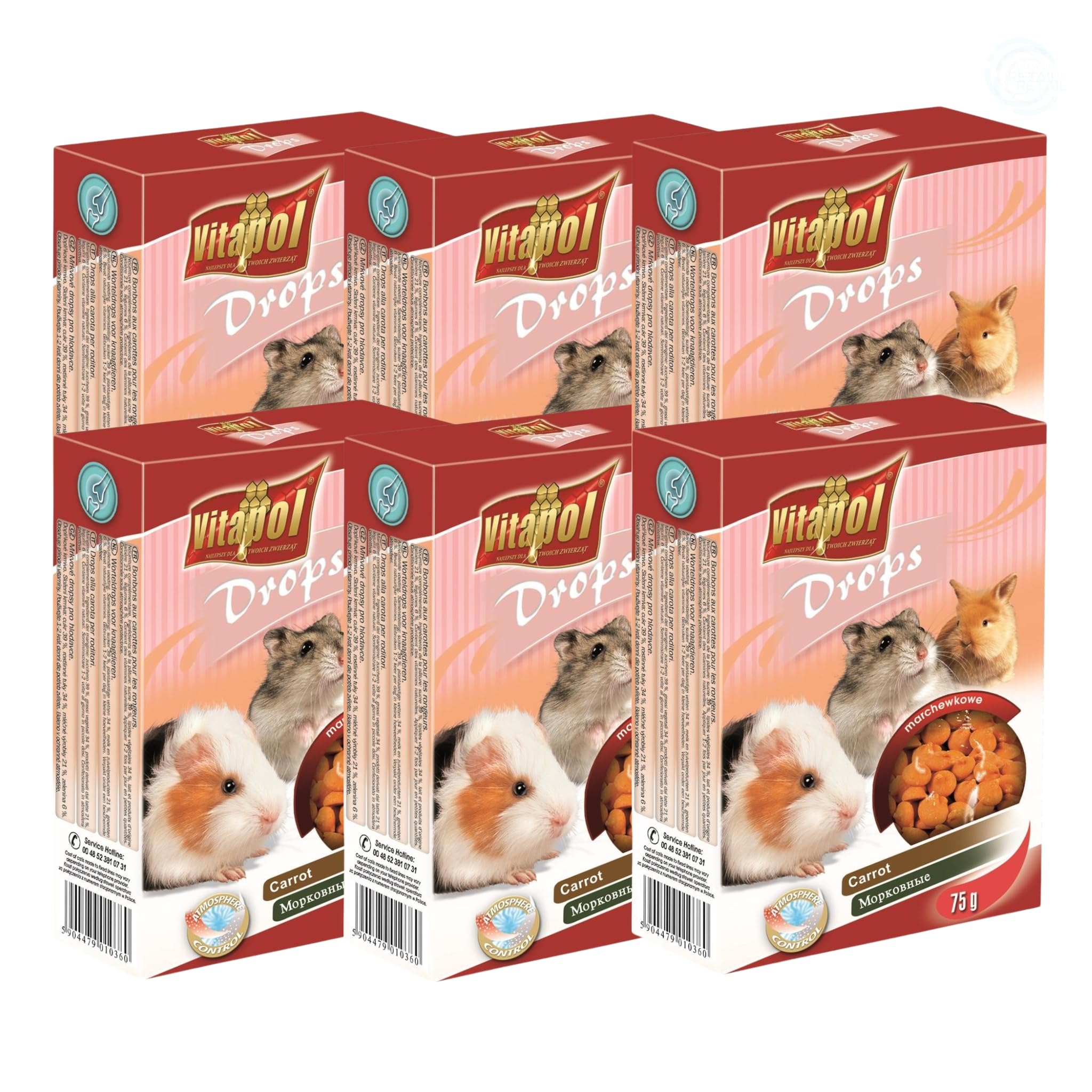 Vitapol Drops Small Pet Treat for Rodents & Rabbits – High-Fibre Complementary Snacks with Vitamins & Minerals – Supports Teeth Health – Carrot, Honey, Yoghurt & More Flavours (Carrot, 4x 75g)