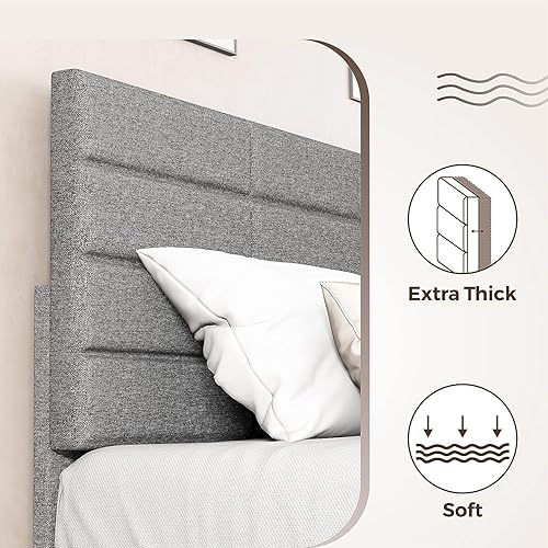 Miniatura 4 de Marco de cama tapizado, marco de cama matrimonial con cabecera ajustable, marco de cama de plataforma completa compatible con marco de metal y