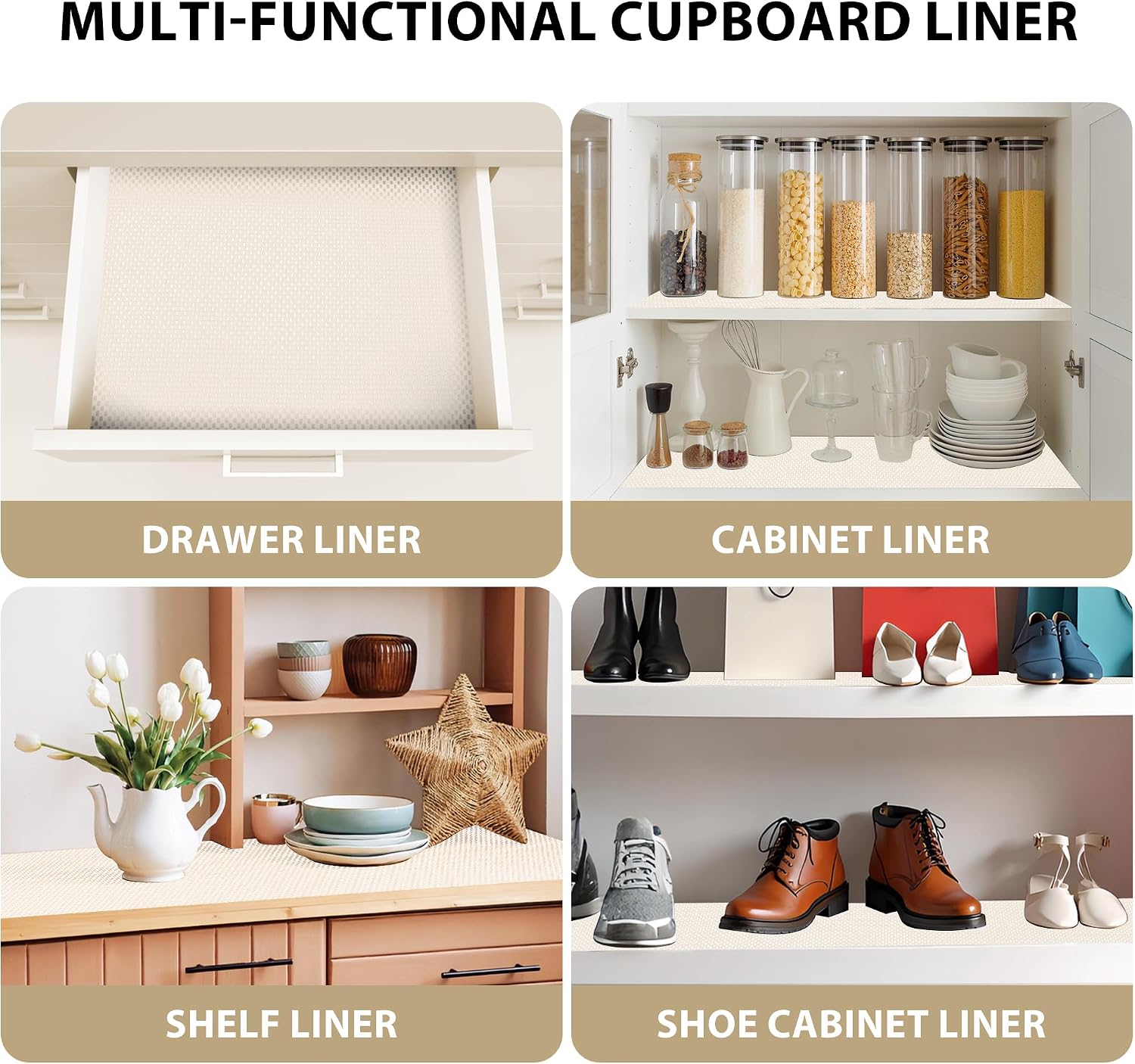 Drawer and Shelf Liner-Non-Adhesive Non Slip Shelf Paper Thickened Strong Grip for Kitchen Cabinets,Cream White,12" W x 180" L
