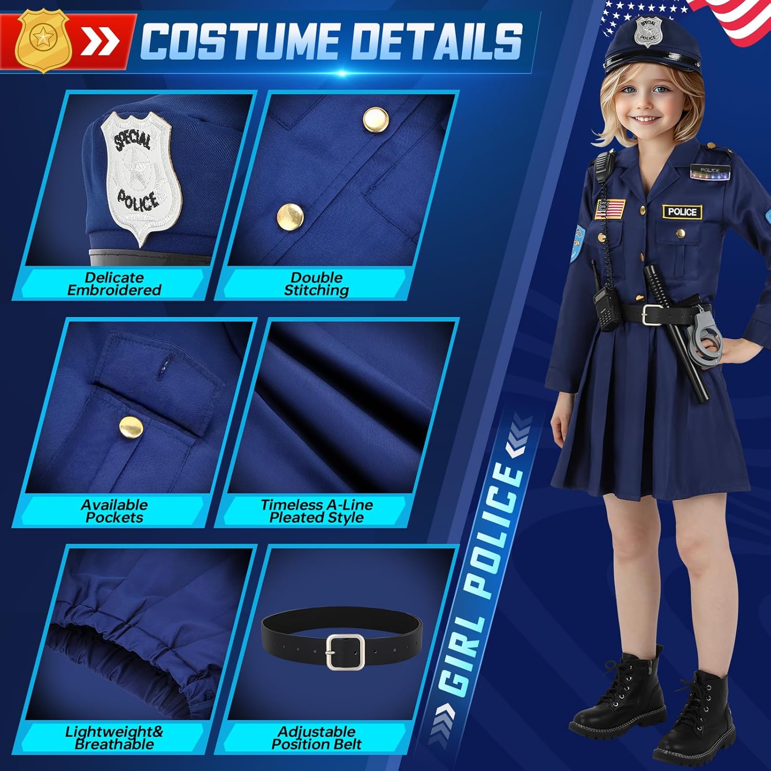 Luucio Police Officer Costume for Girls, Police Costume for Kids with Cop Gear Uniform, Halloween Costumes for Girls