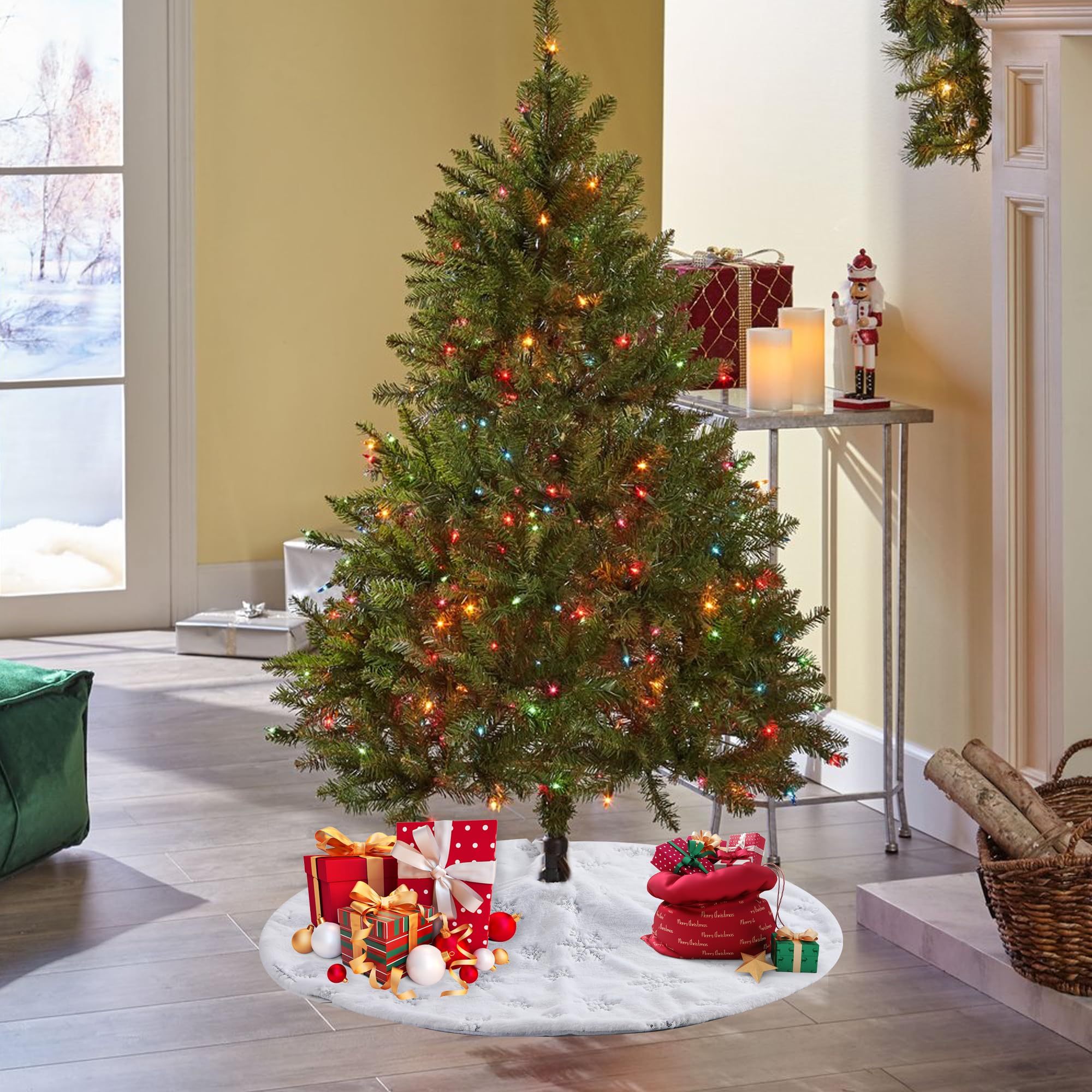 Falda Árbol de Navidad, Falda para Árbol de Navidad Redonda, Faldon Arbol Navidad Blanca 90cm, para Decoración Debajo del árbol de Navidad