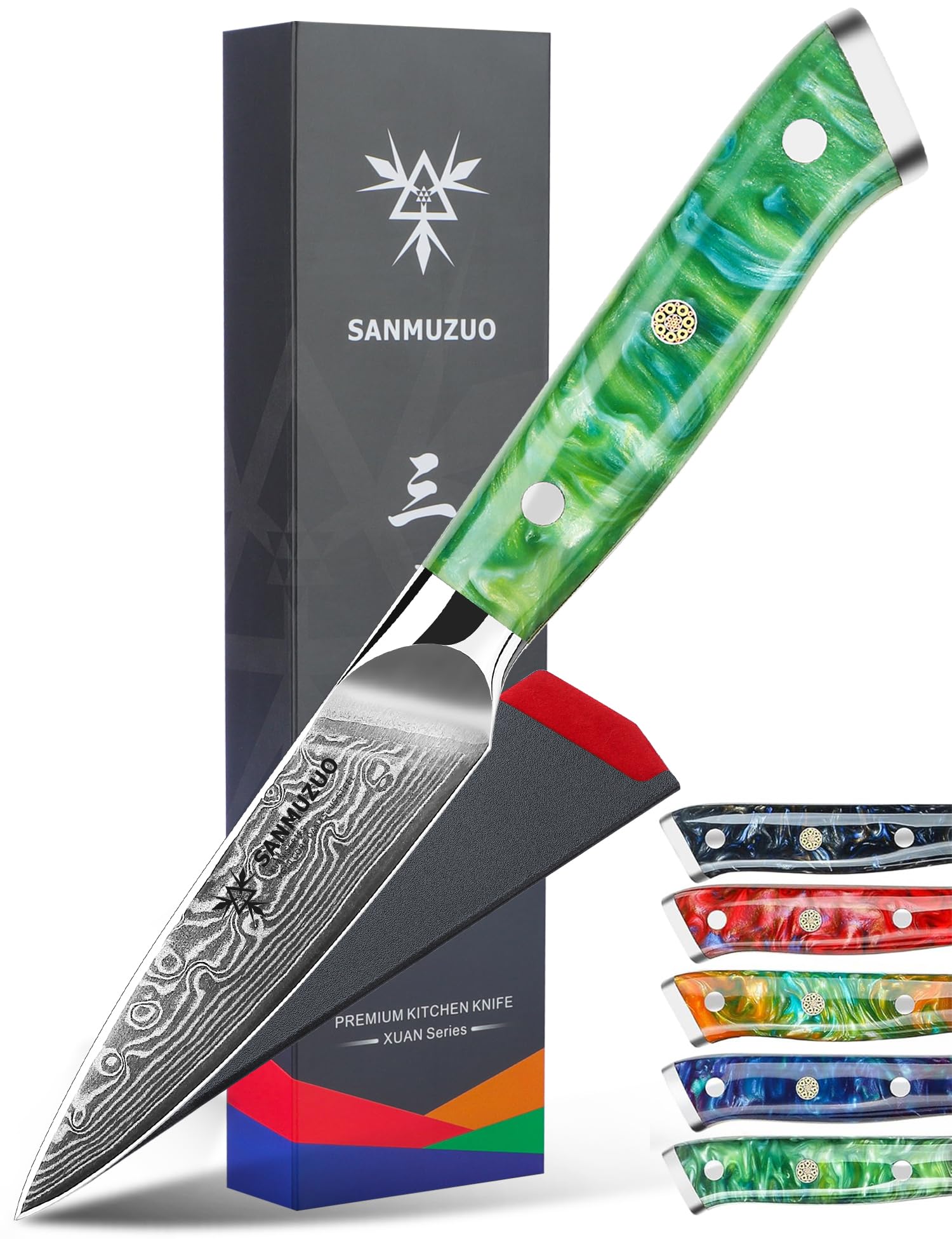 SANMUZUO 3.5 Inch Paring Knife - Kitchen Fruit Vegetable Knife Damascus Steel & Resin Handle - Xuan Series (Jade Green)