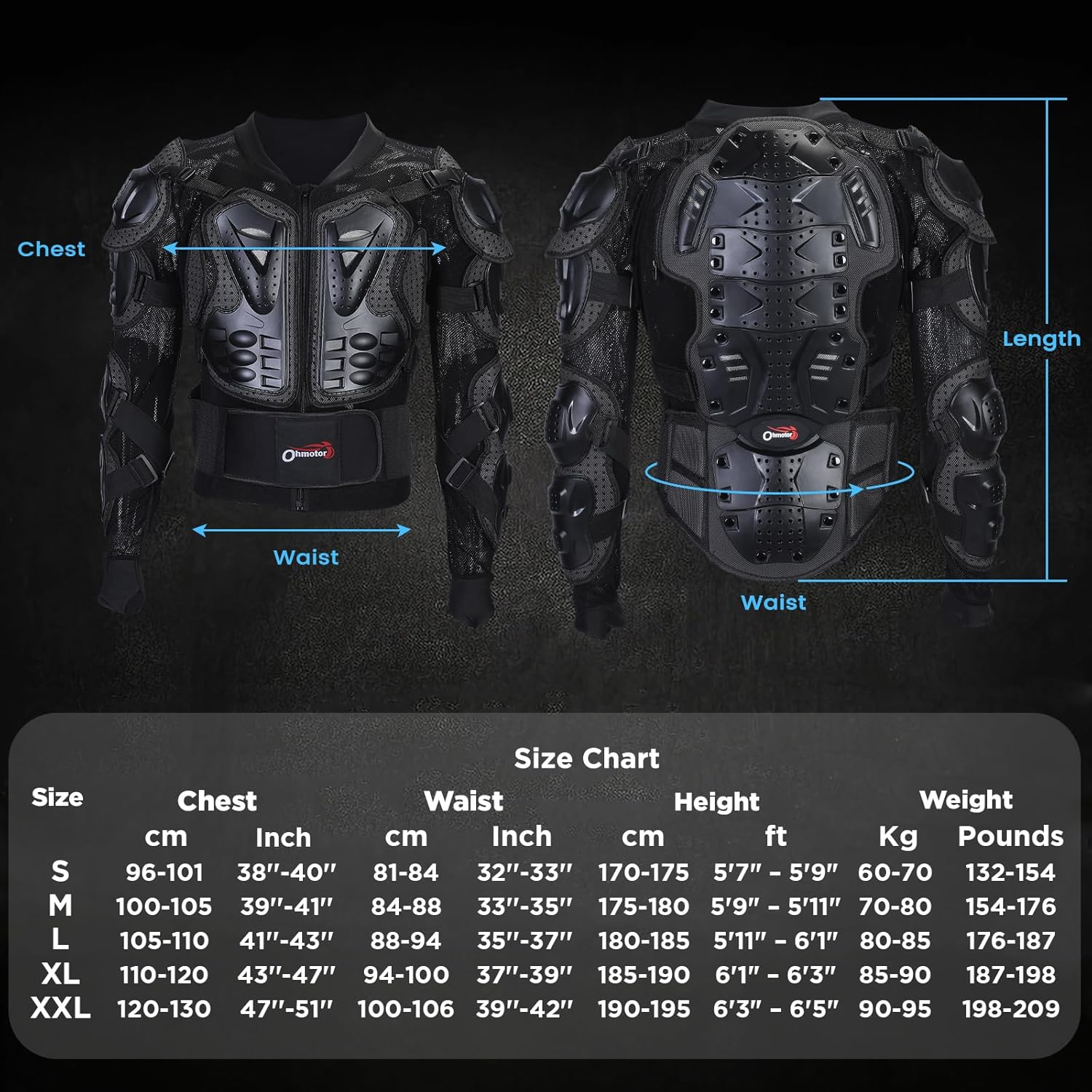 OHMOTOR Motorcycle Body Protective Jacket Armor Men, Motocross Riding Protective Gear,ATV Dirt Bike Chest Spine Protector