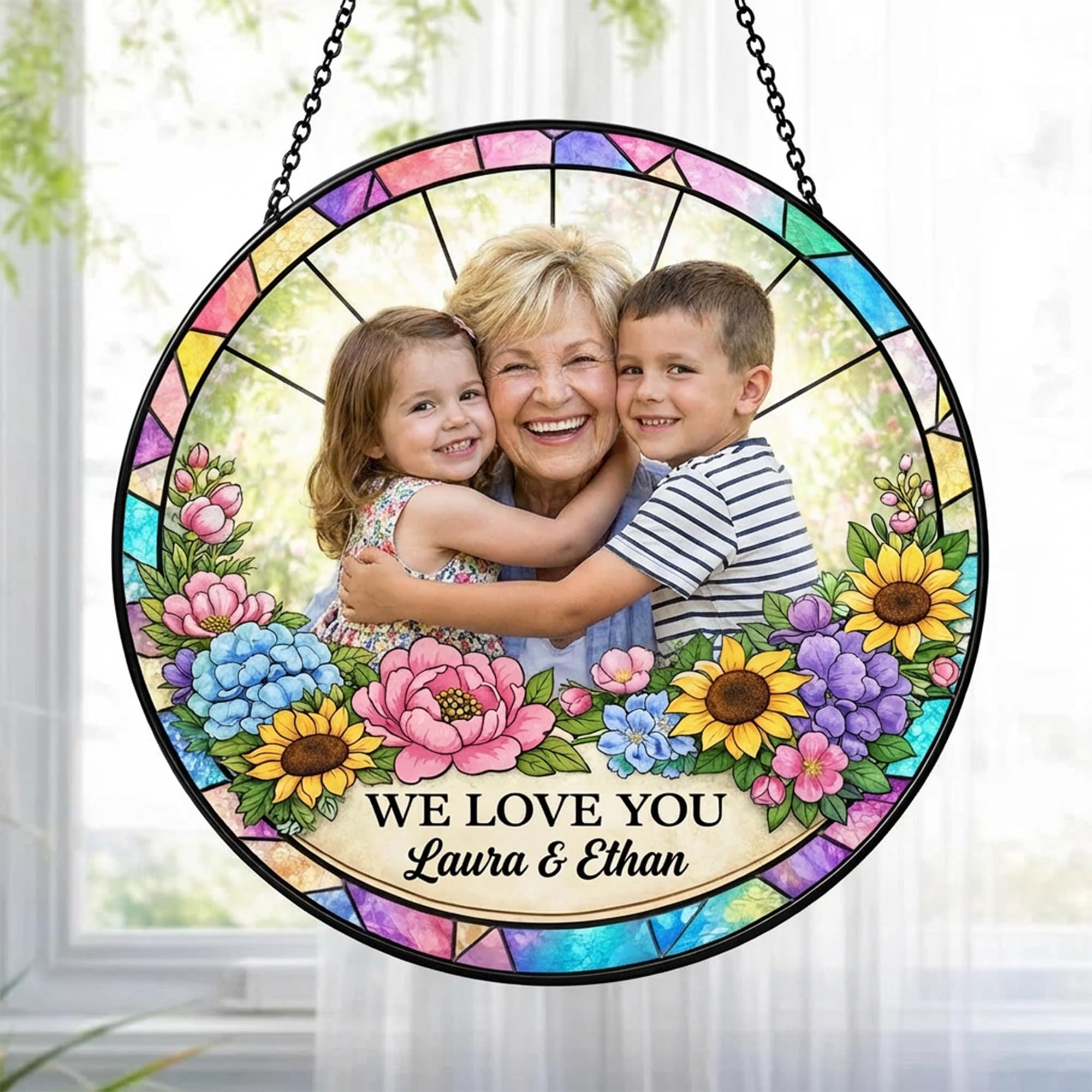 Personalized Grandma Stained Glass Sunlight Catcher Photo Family Portrait Light Catcher Custom Gifts for Grandma Mom Nana Mimi