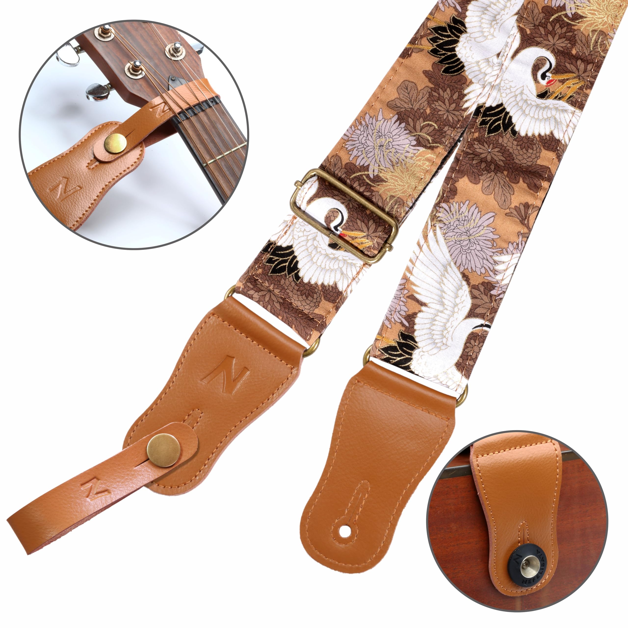 Nefelibata Japanese Cotton Guitar Strap for Acoustic Guitar, Ukulele, Free Headstock Strap Adapter, Strap Button, Guitar Picks and Strap Locks(White Crane)