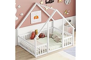Bellemave Full Size House Bed Frame, White, Floor Montessori Playhouse