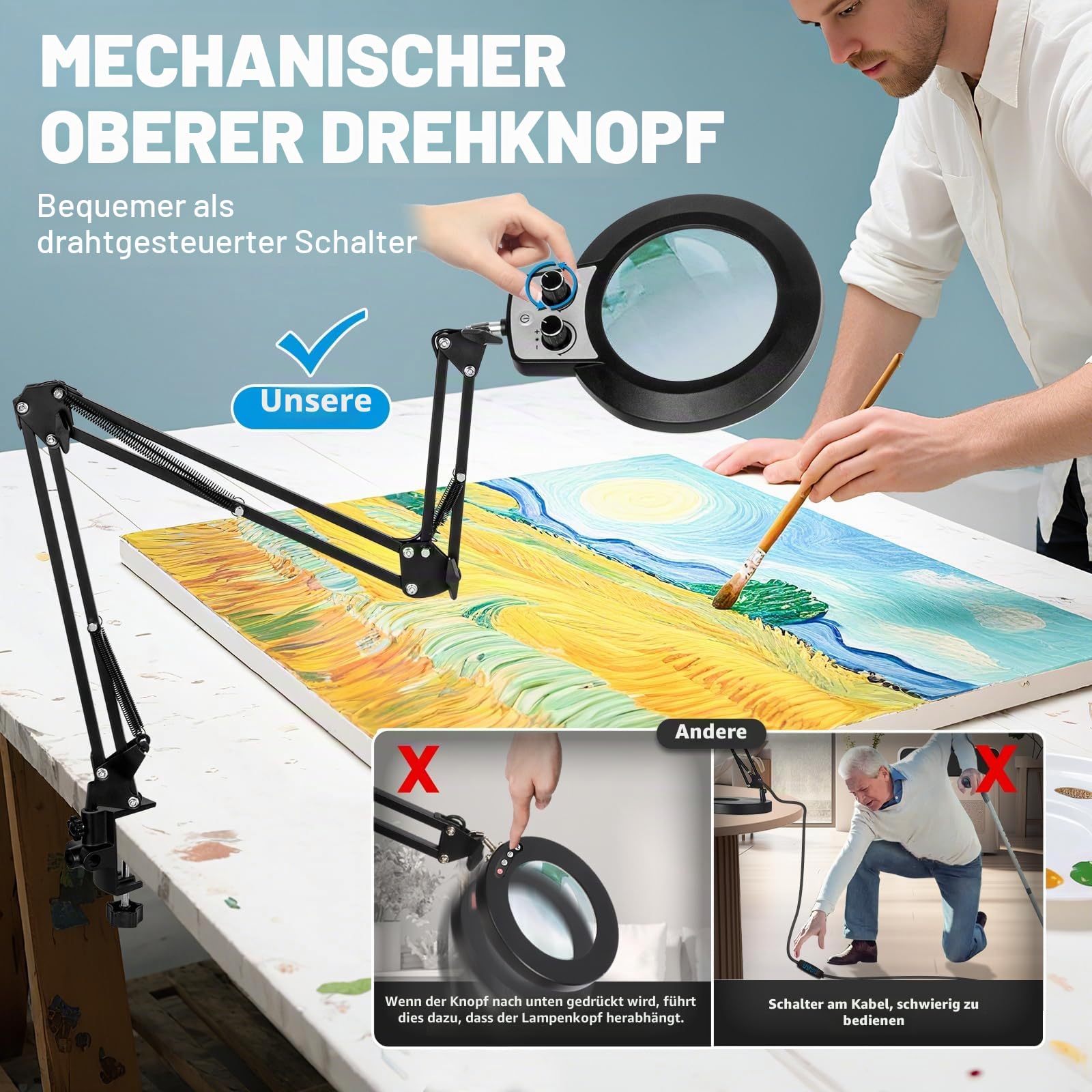 KIRKAS 12-fache Lupe mit Licht und Ständer, extra langer Armknopf | Lupenlampe für Werkbank, Handwerk, Nähen, LED-beleuchtete Lupe, Echtglaslinse, stufenloses Dimmen und Farbe (88,9 cm Klemme)