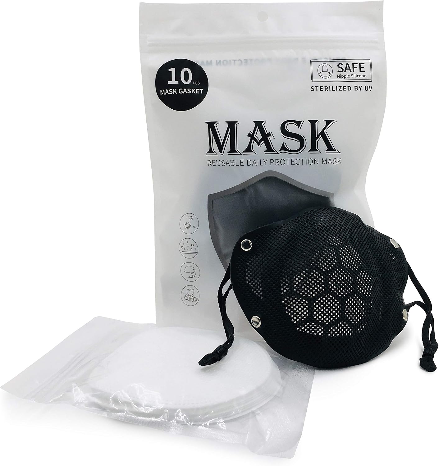 Reusable Silicone Face Mask with Adjustable Elastic Ear Loops, Includes 10 Multilayer Filters (Adult Medium, Black)