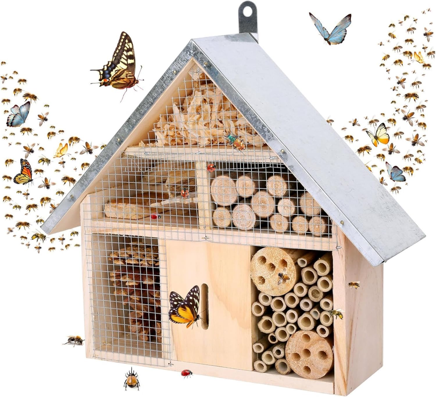 Bug Hotel, Weatherproof Wood Bee Box, Hanging Bug House, Decorative Bee Houses for the Garden, Bees, Ladybirds, Butterflies