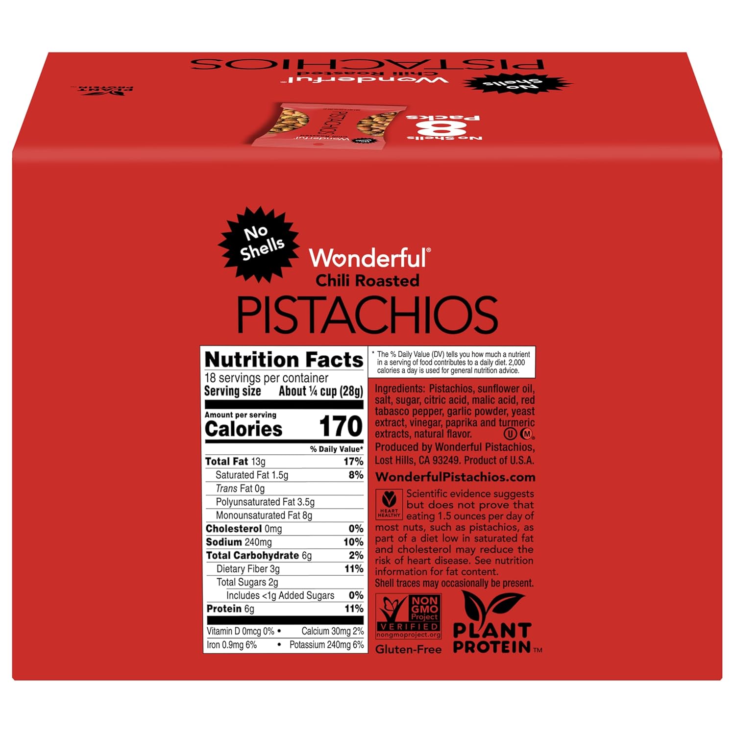 Wonderful Pistachios No Shells, Chili Roasted Nuts, 2.25 Ounce (Pack of 8), Protein Snacks, Gluten Free, Pantry Staples, Healthy Lunch & Office Snacks