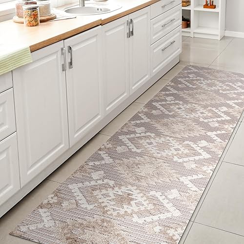 JONATHAN Y Alfombra de pasillo Kilim Diamante Neutro para interiores y exteriores, 2 x 8 pies, color beige/gris, Sumak pelo alto y bajo para patio