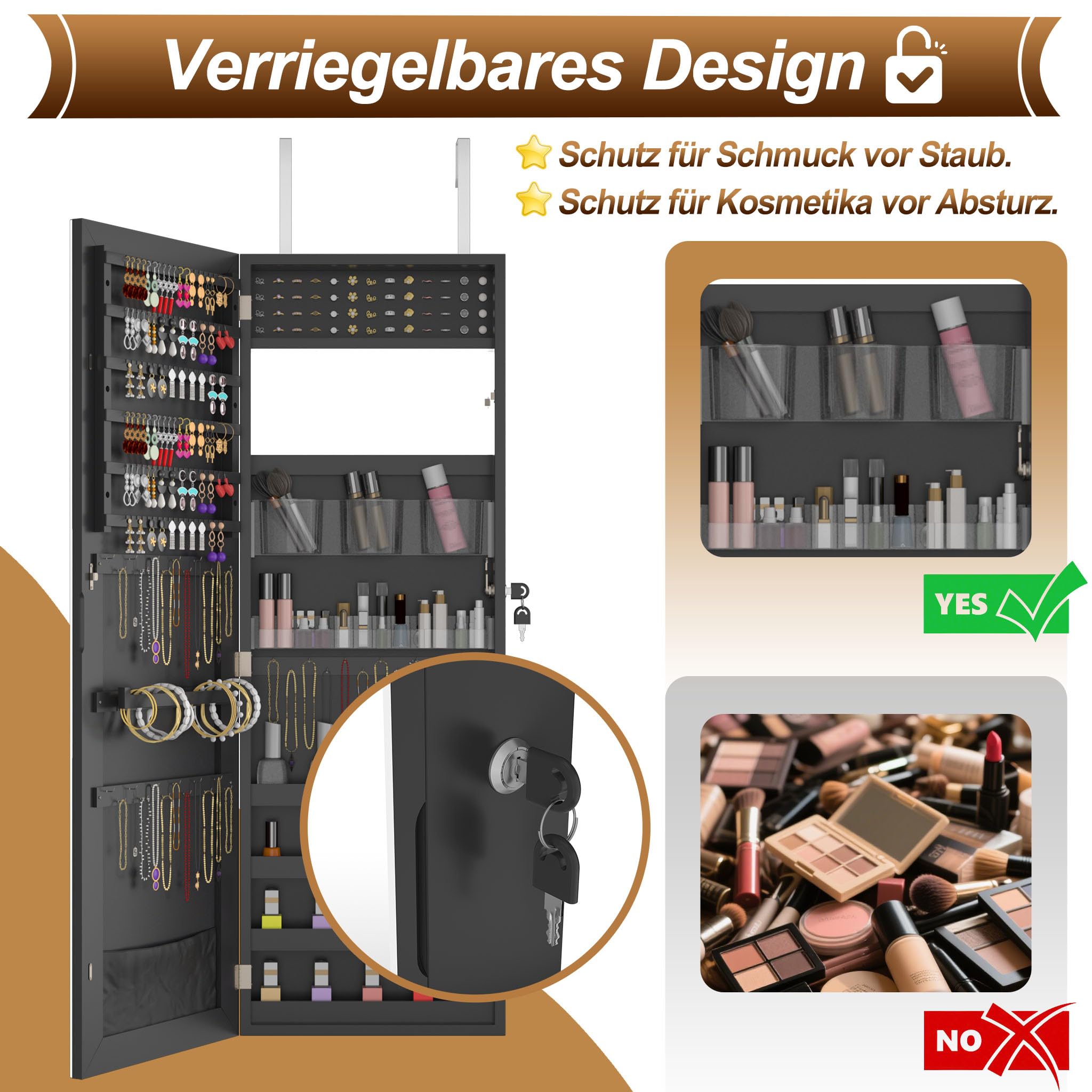 LZQ Schmuckschrank mit Spiegel Hängend Spiegelschrank Abschließbar Wandschmuckschrank 2-in-1 Schmuckaufbewahrung Türspiegel Wandspiegel Schmuck-Organizer, 107,5 x 36,5 x 9,5 cm, Schwarz