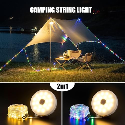 Miniatura 2 de Cadena de luces solares para campamento, 4 en 1, cadena de luces para acampar al aire libre (39.4 pies) con 8 modos de iluminación, funciona con