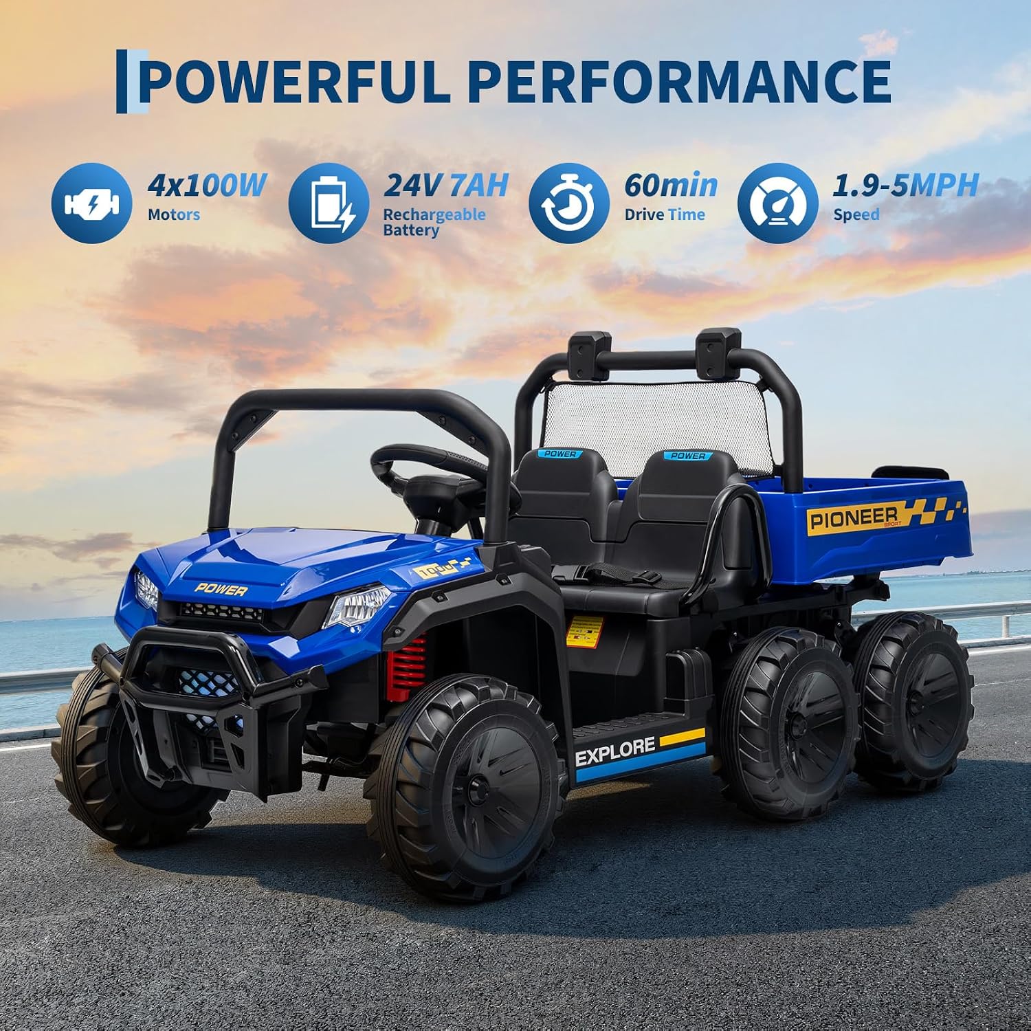 Hetoy 24V Ride on Toys, 2 Seater Dump Truck Car for Kids 4-8, 4WD Electric Tractor with Remote Control, Dump Bed, 3 Speed Modes, Music Player