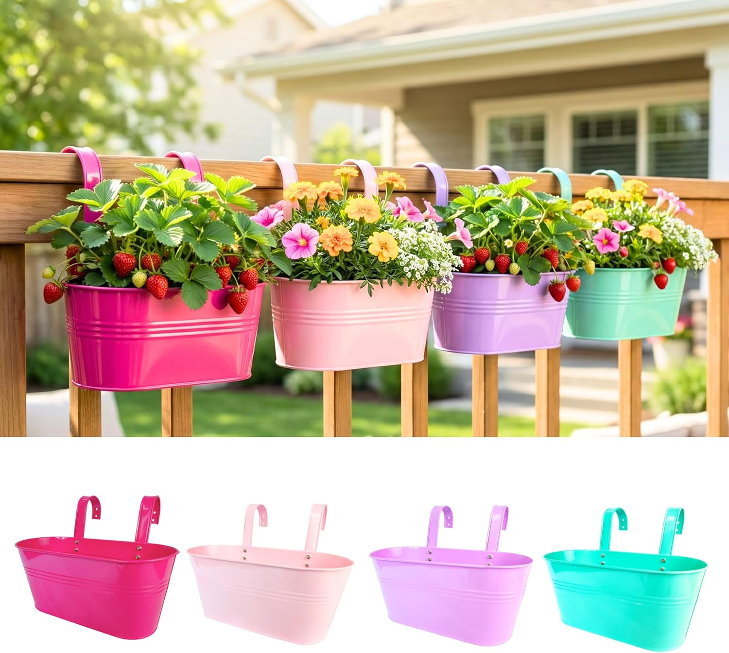 LaLaGreen Rail Planter (11.8 Inch, 4 Pack) Colorful Hanging Flower Pots Railing Fence Balcony Gardening for Apartment Patio Planters Garden Style Metal Iron Outdoor Deck Modern Decoration Porch Decor