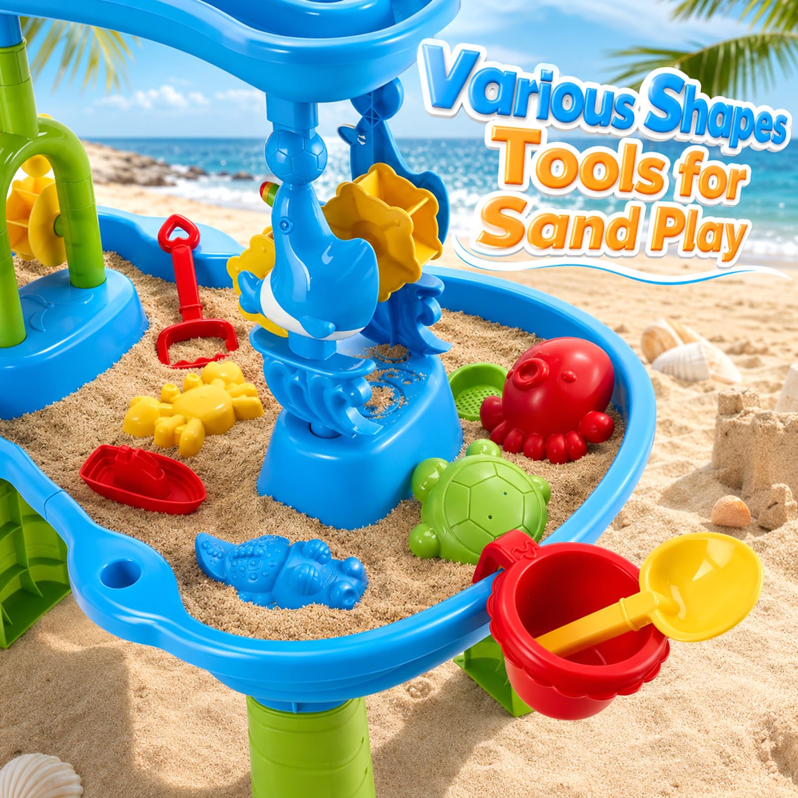 3-Stufiger Sand- und Wasser-Spieltisch für Kleinkinder, Wasserspieltisch Outdoor mit Regen-Effekt & Windmühle, inkl. 2 Stühle & Strandspielzeug, Sensorik Spieltisch für Kinder ab 3 4 5 6 Jahre