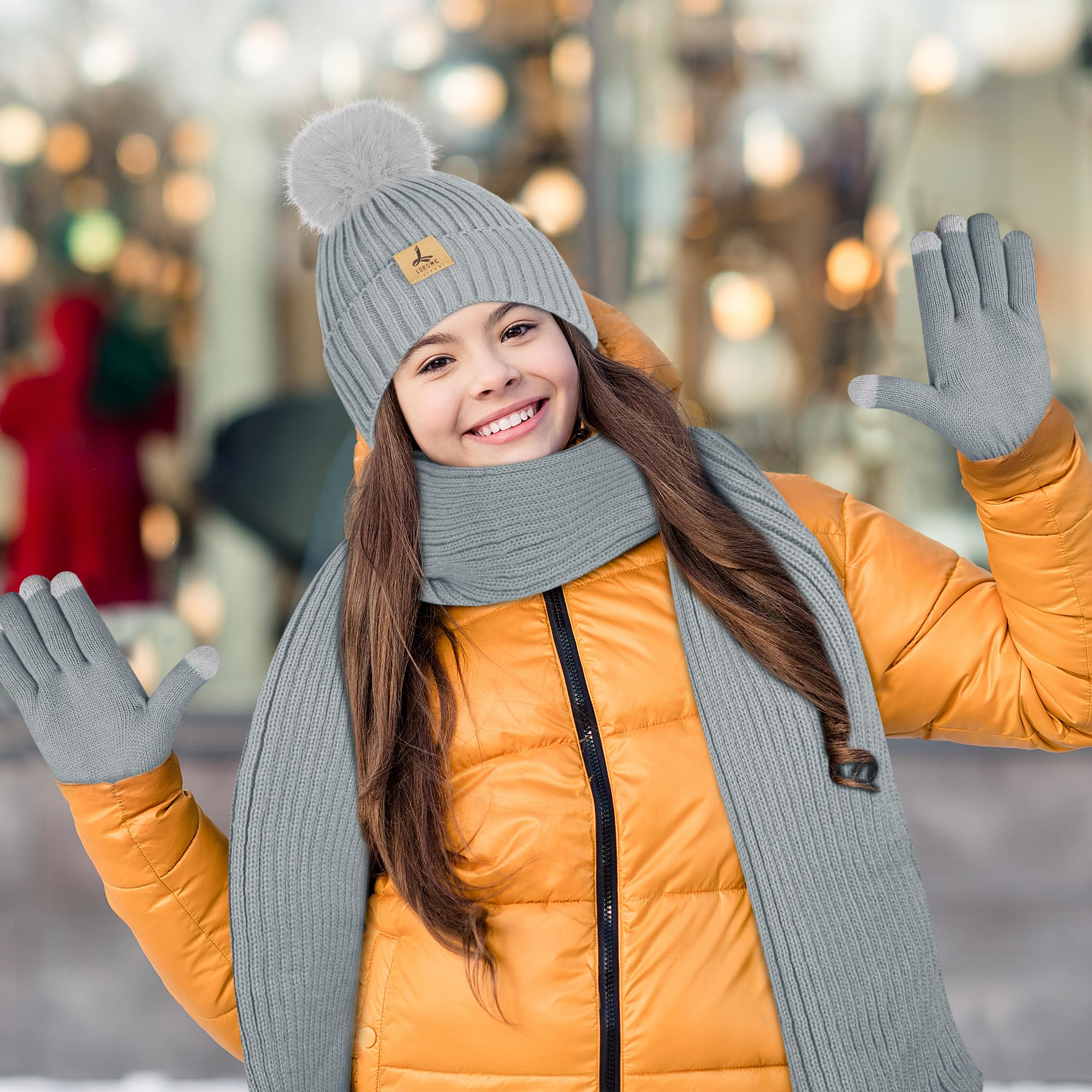 LOROME Damen Winter Beanie Mütze Schal Handschuhe Set Fleece Strick Pompon Mütze Warm Halstuch Touchscreen Handschuhe Winter Geschenk