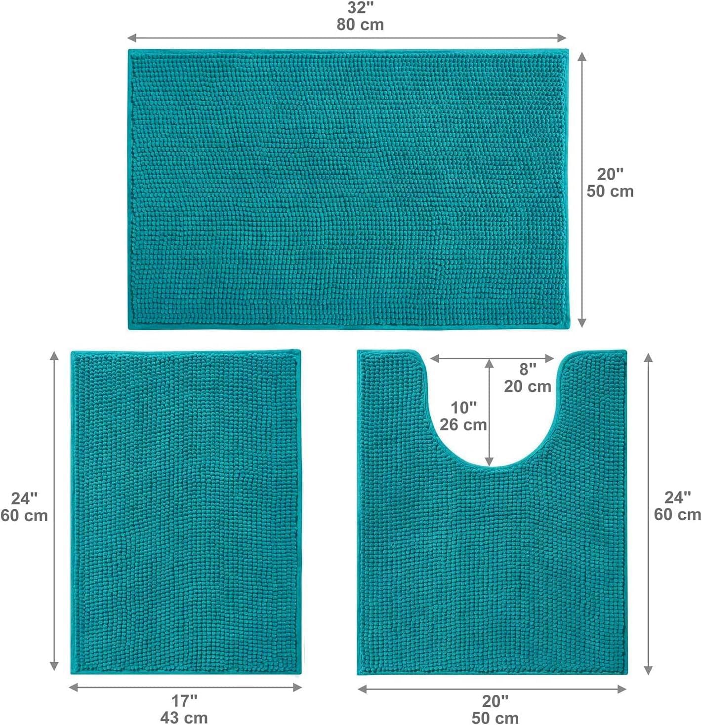 Urvoix Bathroom Rugs Sets 3 Piece, Chenille Bathroom Rug Non-Slip Bath Rug, Ultra Soft, Washable, Super Absorbent Bath Mats for Bathroom, Toilet and Tub (Teal Blue) - Image 3