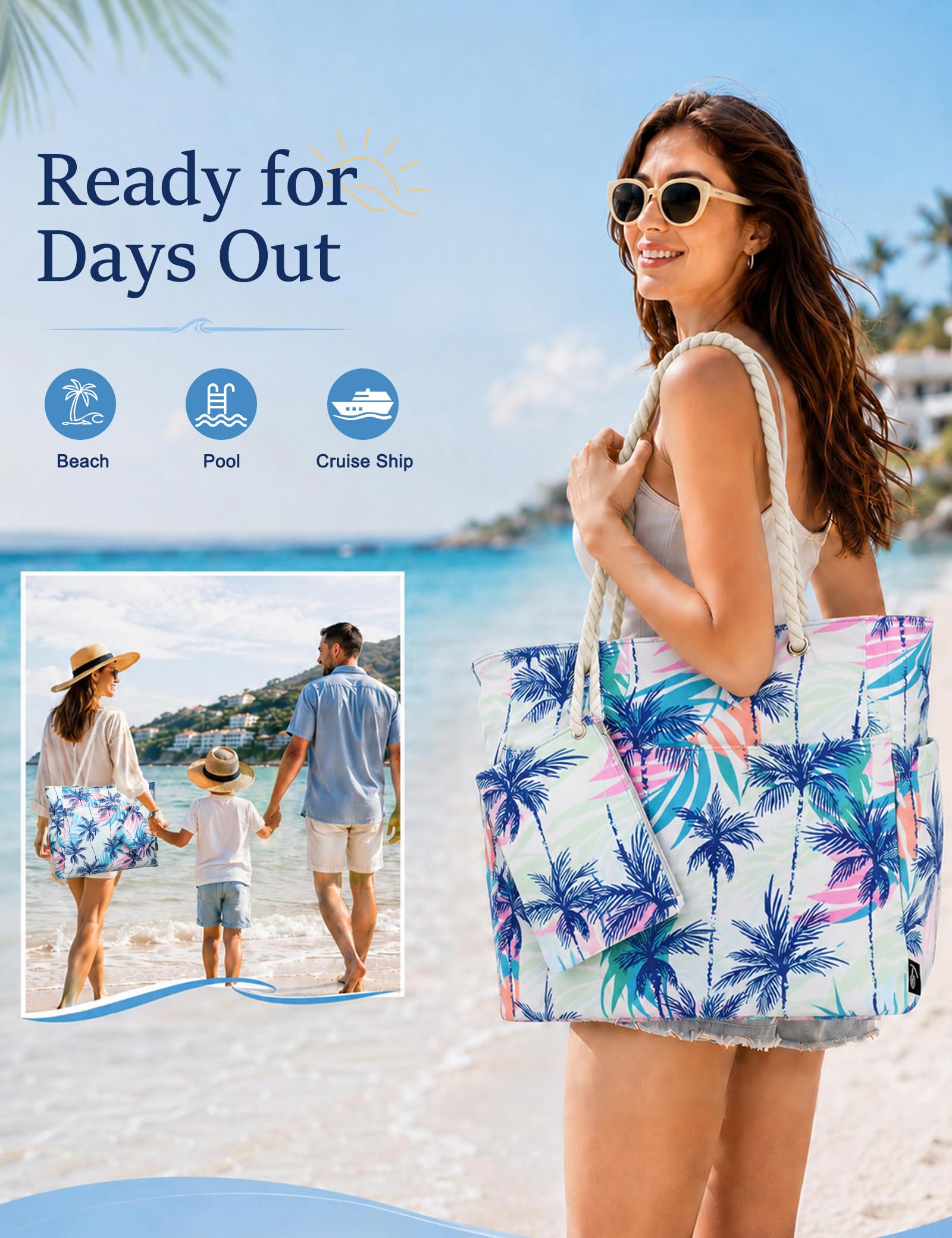 Bolsa Playa Grande Impermeable, Bolsa Tote XXL con Bolsillo Externo + Bolsa Billetera 2pcs Set, Bolsa de Playa Familiar para Verano, Viajes, Diario y Trabajo