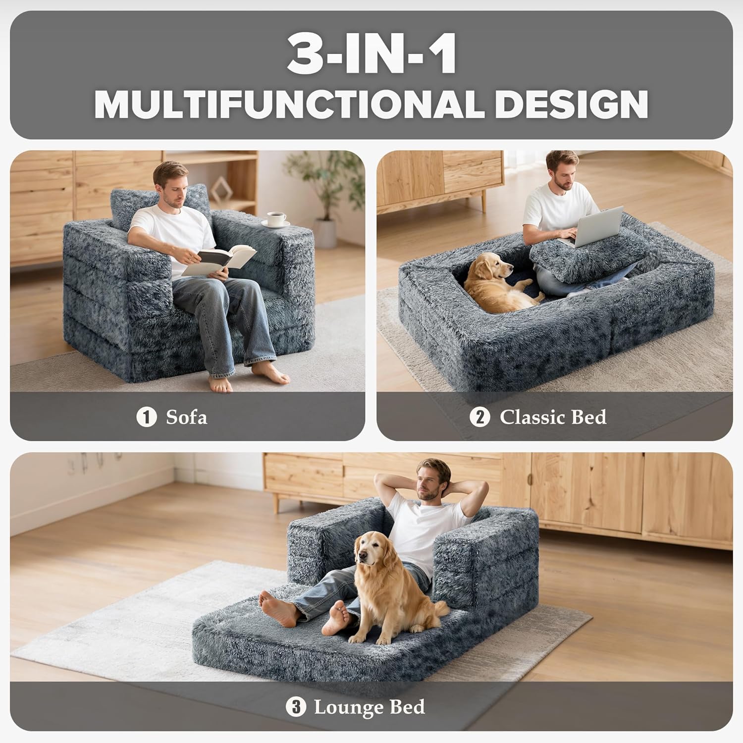 HABUTWAY Convertible Sofa Bed, 3-in-1 Futon Sofa Couch with Pillow, Foldable Pull Out Floor Sofa with Removable Cover, Plush Boneless Couch for Living Room/Bedroom/Dorm(Twin,Dark Grey)