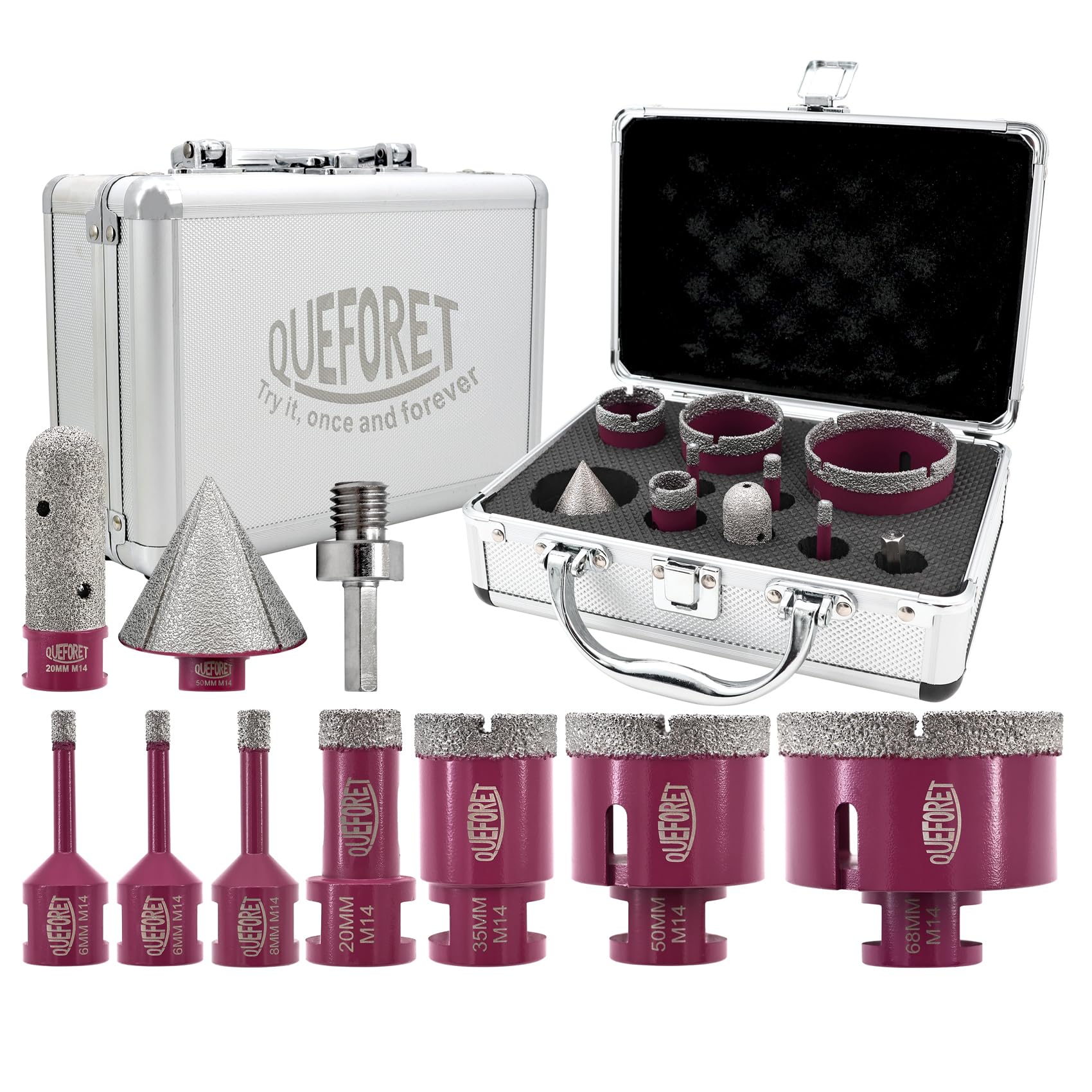 QUEFORET Diamant Fliesenbohrer Set 10 Stücke - 7 Stücke 6/6/8/20/35/50/68mm x M14 Bohrkronen, 20mm Fingerfräser, 50mm Fasenfräser, Adapter für Fliesen Keramik Porzellan Marmor Granit
