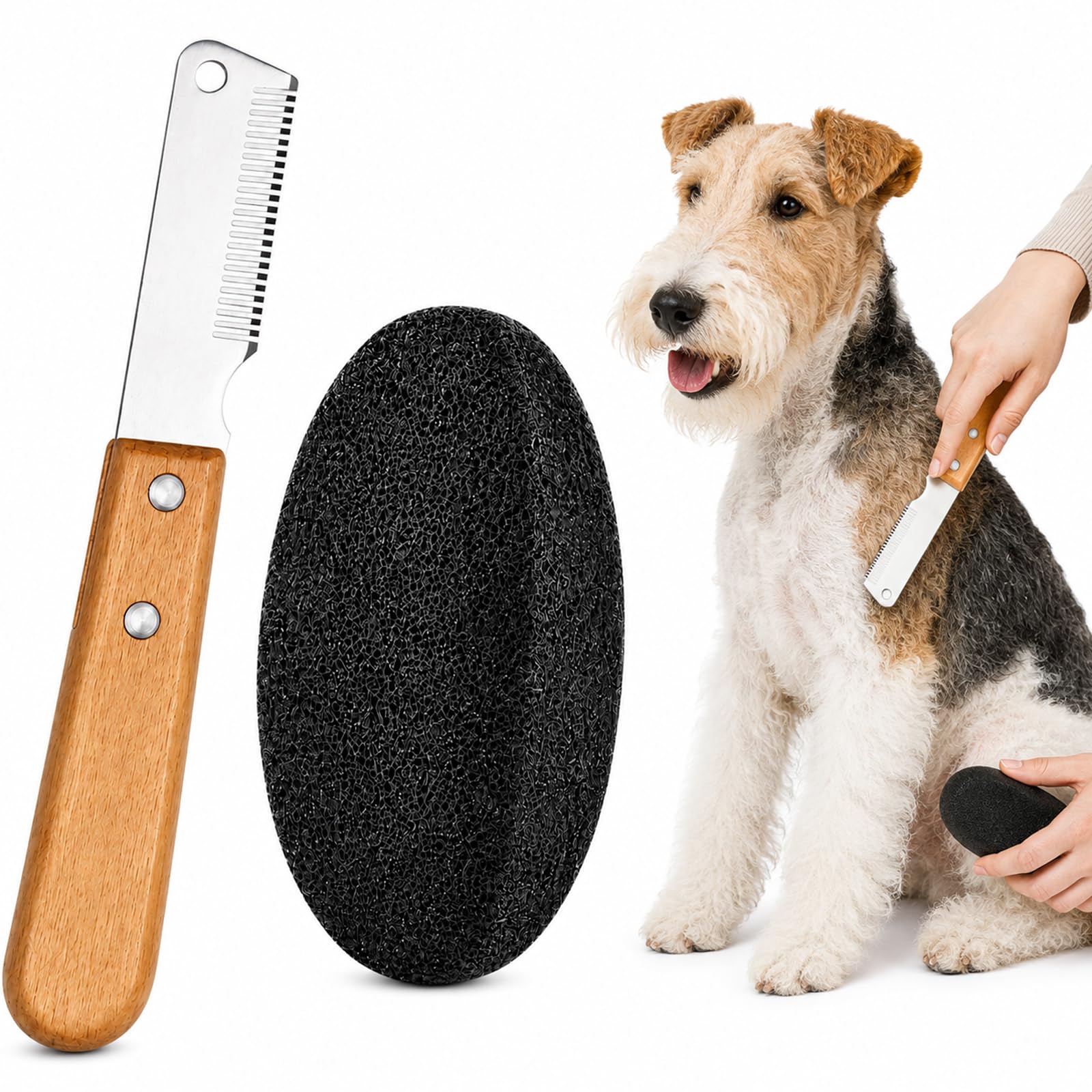 Pet Grooming Stripping Tool Set with Wooden Handle & Pumice Stone