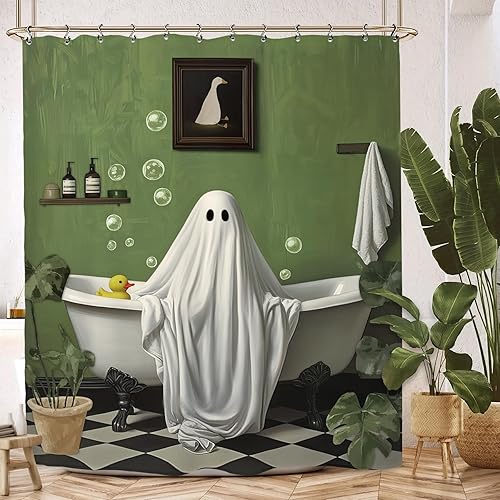 Miniatura 7 de Divertida cortina de ducha de fantasma, de Halloween, 60 pulgadas de ancho x 72 pulgadas de largo, diseño de Monstera tropical, terror,