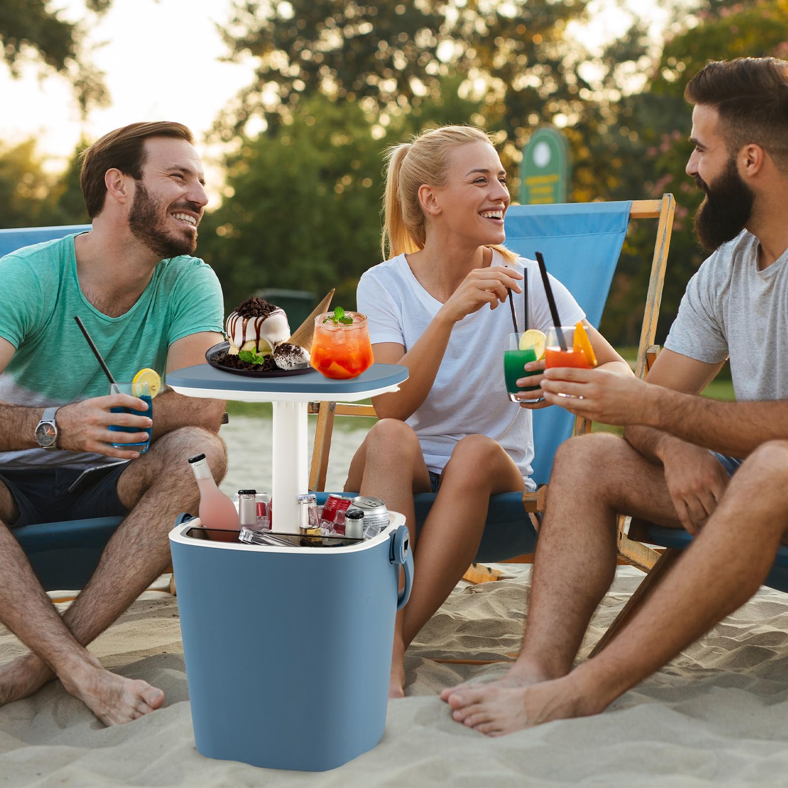 COSTWAY 3-in-1 Cool Box Portatile 15L con Piano Rialzabile 34 x 35 x 37-58 cm, Secchiello Ghiaccio con Apribottiglie e Pinza per Alimenti, Tavolino Portaghiaccio, per Piscina e Spiaggia (Blu)