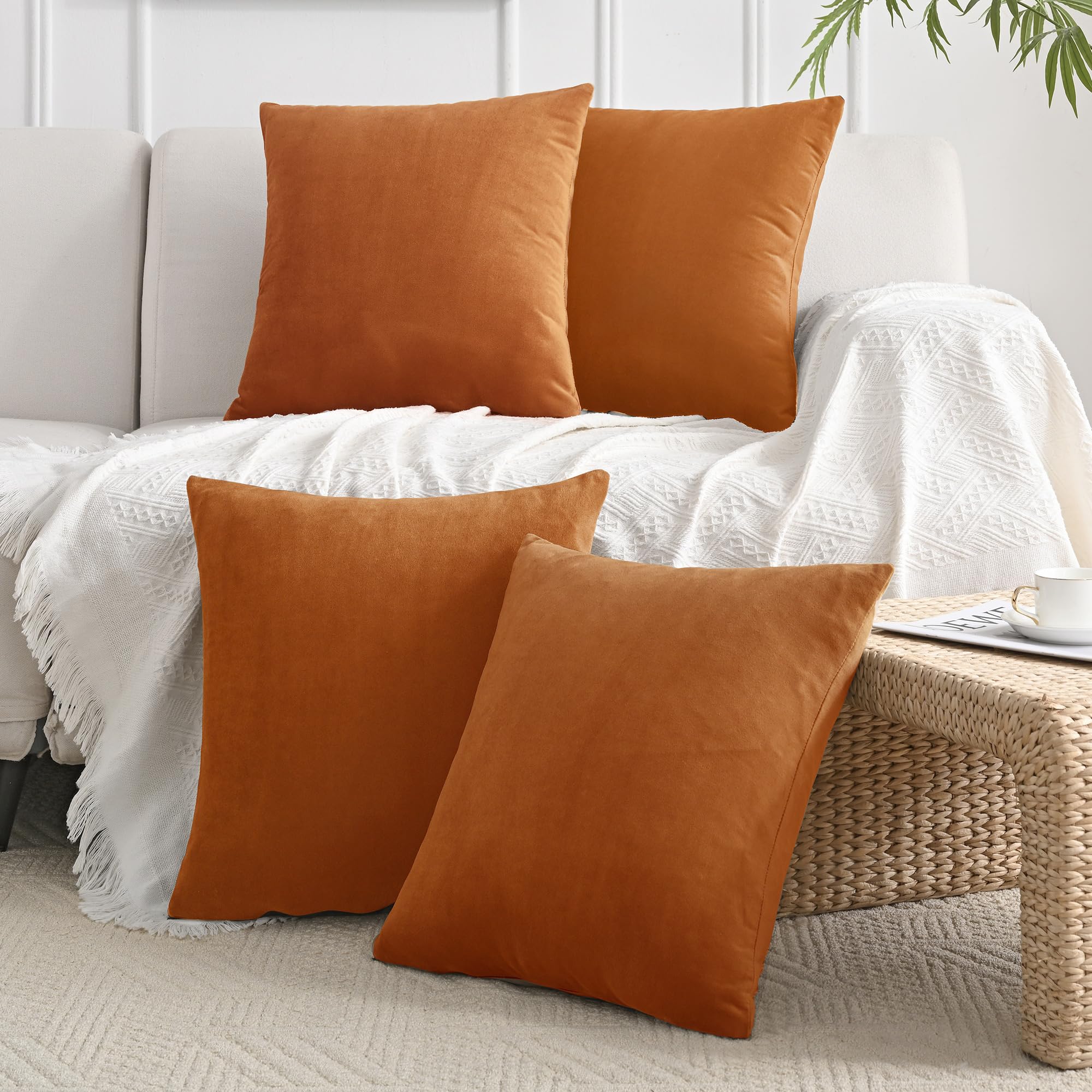 JELLYMONI Velvet Throw Pillow Covers Set of 4 16 x 16 Inch Rust Decorative Cushion Covers Soft Square