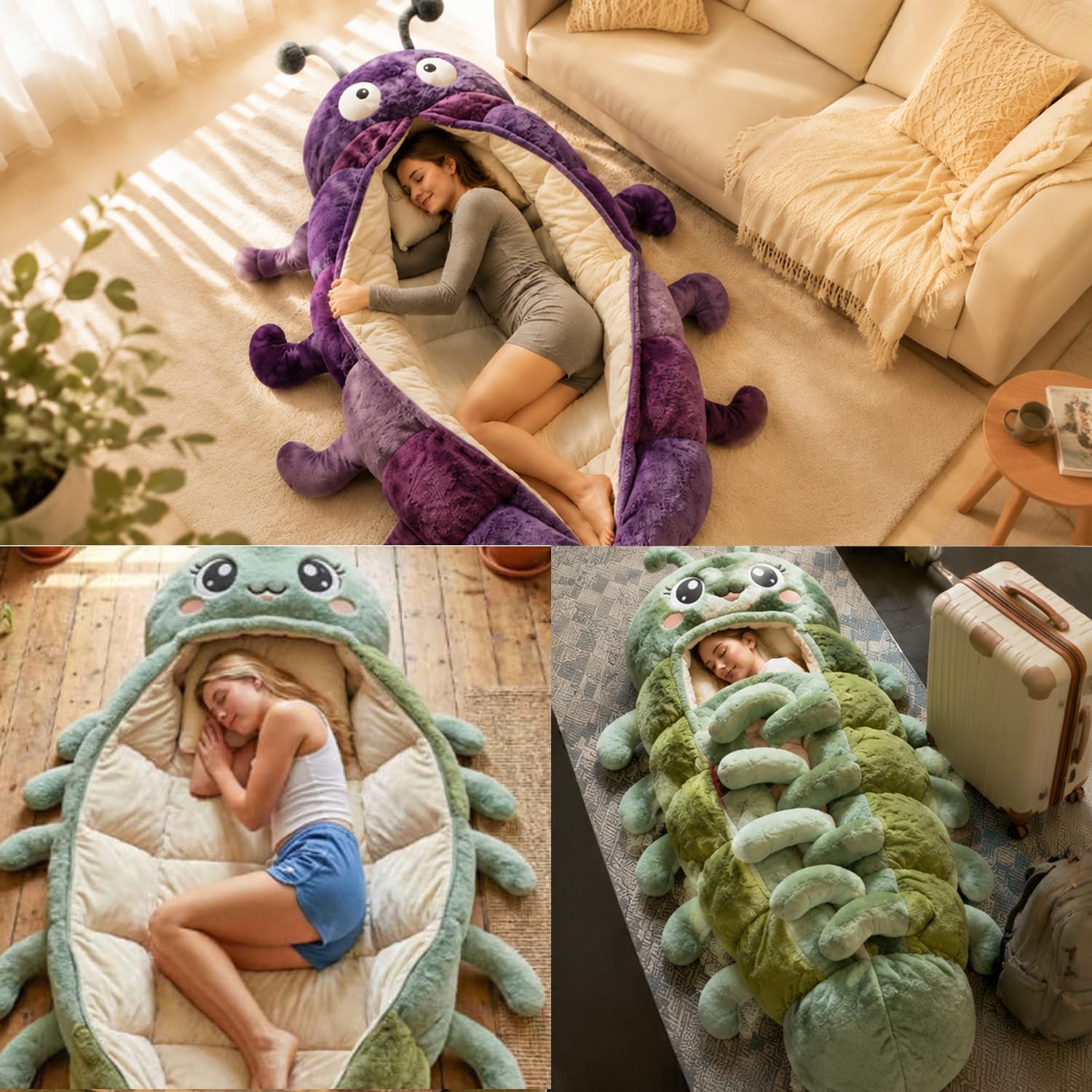 Caterpillar - Saco de dormir de felpa súper suave, forma de capullo de una pieza, plegable, portátil para casa, viajes, camping, bonito diseño de animales (90 pulgadas de longitud)