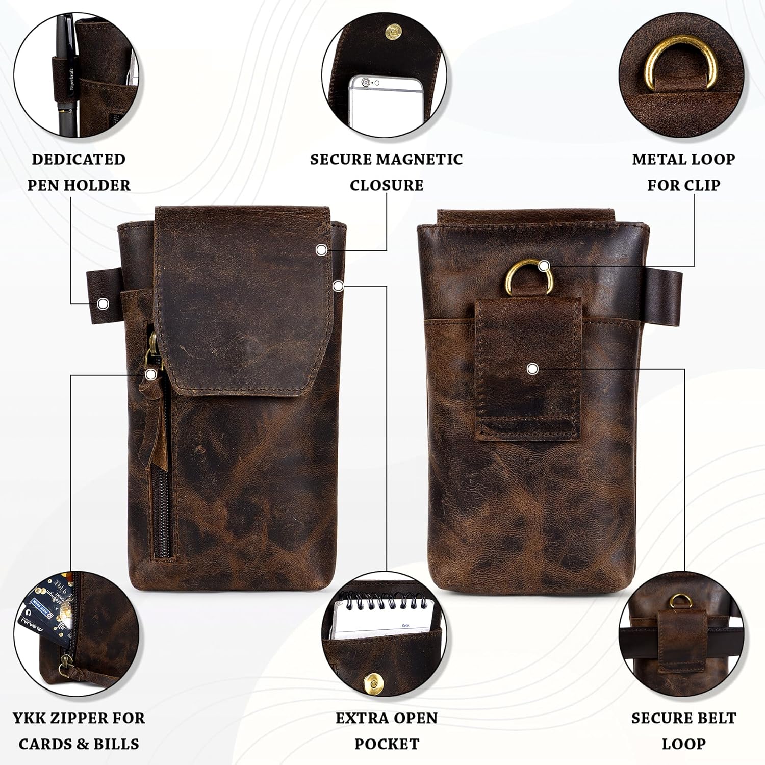 TRISKY Genuine Leather Phone Holster with Belt Clip - Magnetic Closure, ID Card Holder - Universal Case for iPhone, Samsung Galaxy, Google Pixel, 7”x3.5” - Brown