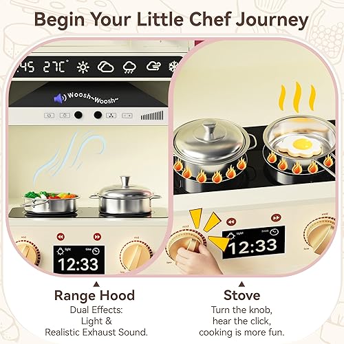 Miniatura 3 de Juego de cocina para niños pequeños con cajas de almacenamiento de fieltro y gancho de rango, juego de cocina de madera para niños con horno,