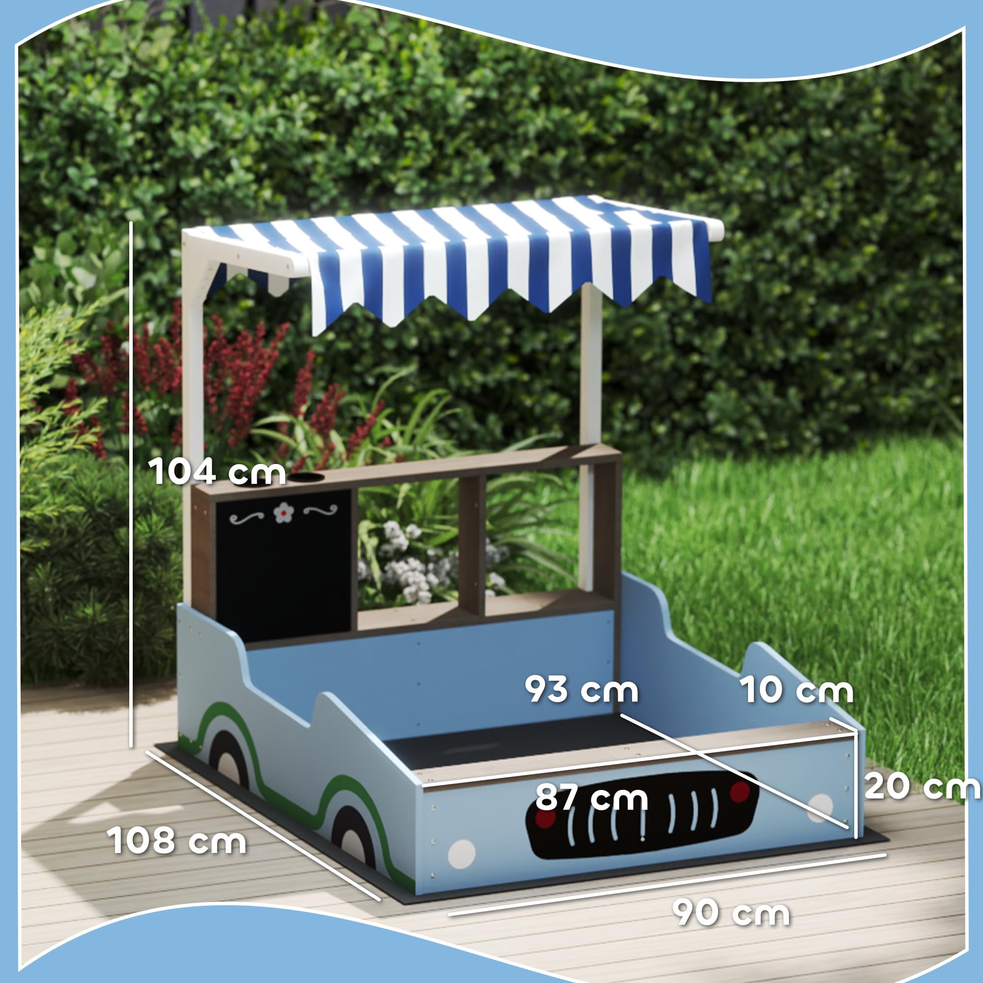 AIYAPLAY Sandkasten mit Abdeckung 90 x 120 cm aus Massivholz Imprägniert Kinder Sandbox mit Sitzbänken Zeichentafel, Pflanzkästen, Matschküche, Sandkiste für Outdoor Balkon Garten