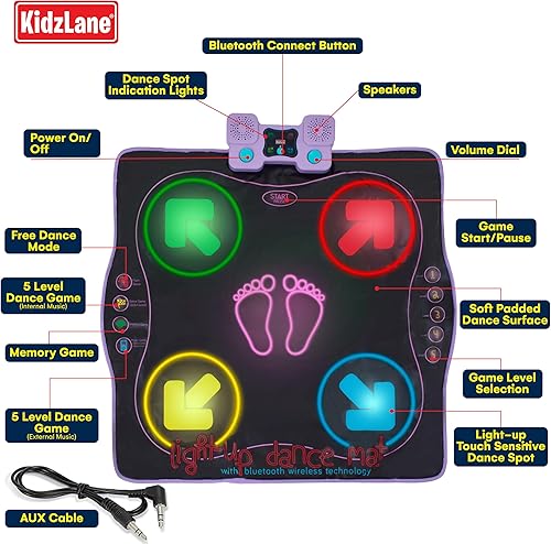 Vista 5 de Kidzlane Electronic Dance Mat for Kids 8-12, Wireless Kids' Dance Pad with Bluetooth/AUX, Built-in Music, 5 Challenge Levels, 4 Modes - Interactive