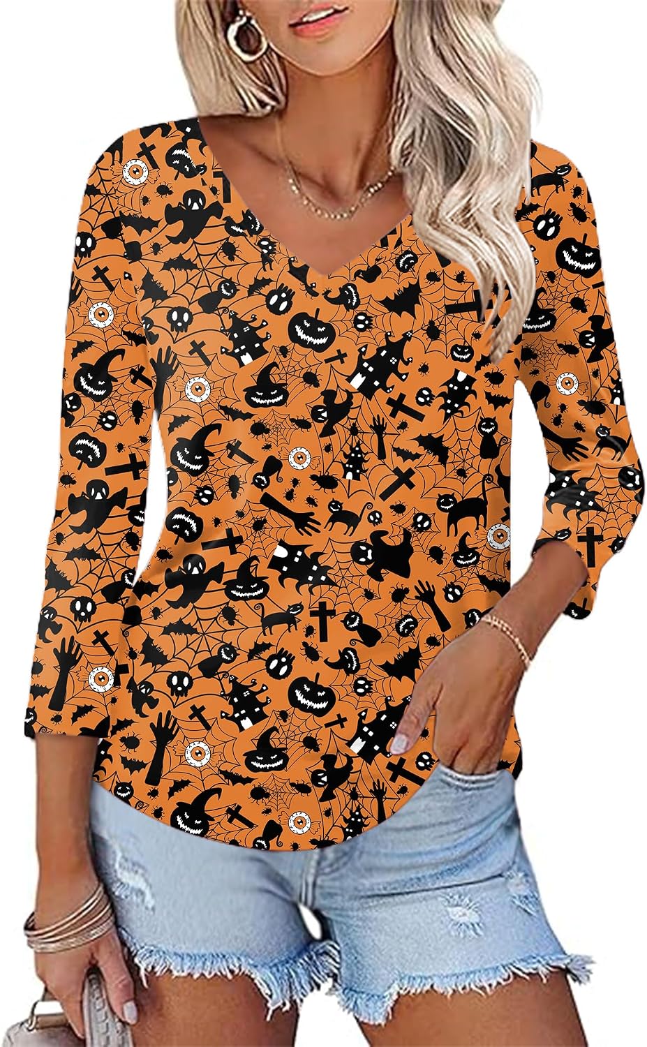 KTILG Women's V Neck T Shirts 3/4 Sleeve Blouse Summer Tops Dressy Casual Solid Basic Tees