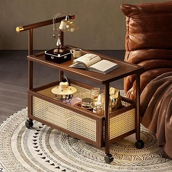 2 Tier Coffee End Table with Wheels, Couch Narrow Side Tables, Center Accent Table for Living Room Apartment Kitchen PatioBrown,19.6/50cm