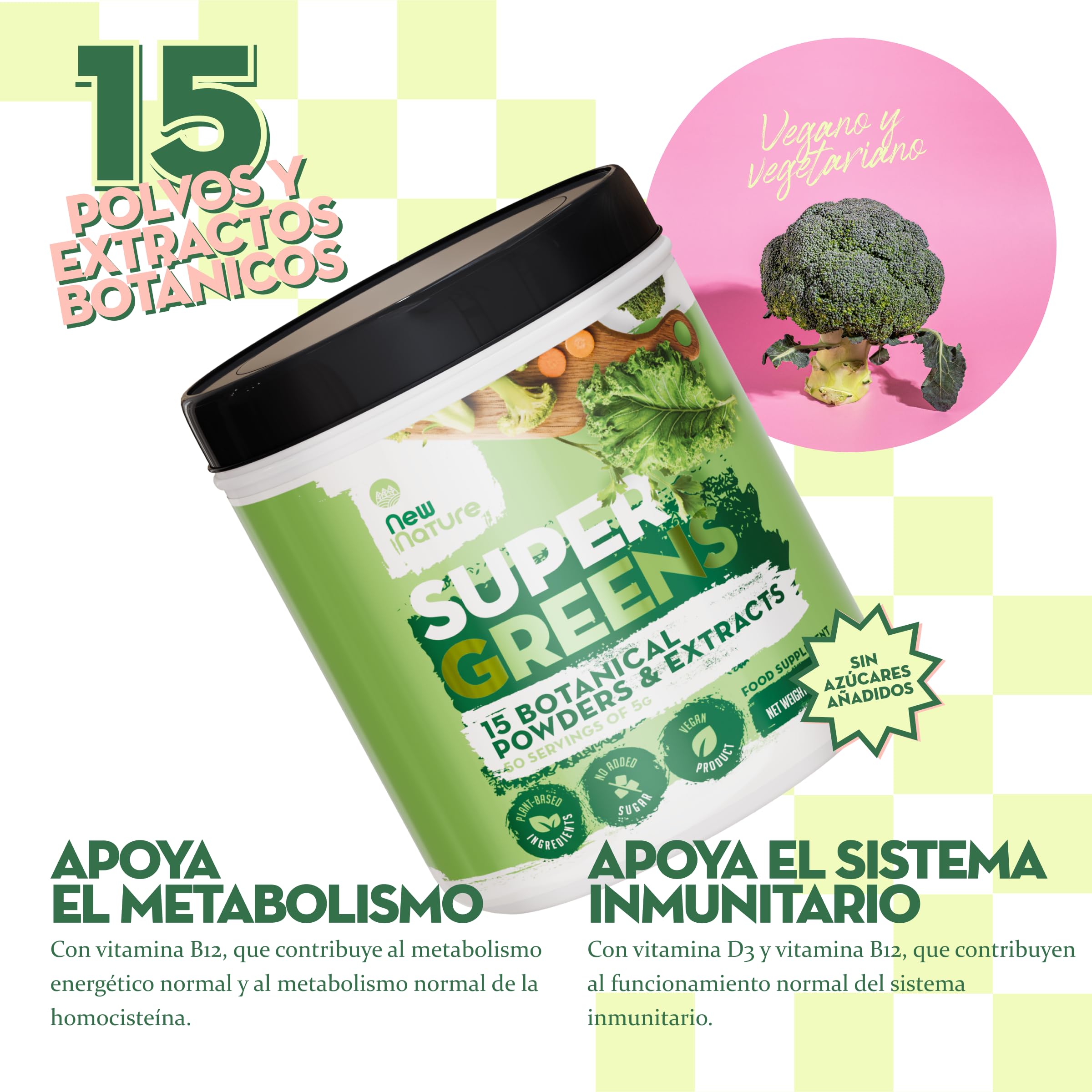 New Nature Super Greens en Polvo 250 g - 15 Superalimentos, Vegano | Espirulina, clorela, Matcha, col rizada y fibra de psyllium - Vitaminas D3 y B12 - 50 raciones - Sin edulcorantes - Vegano