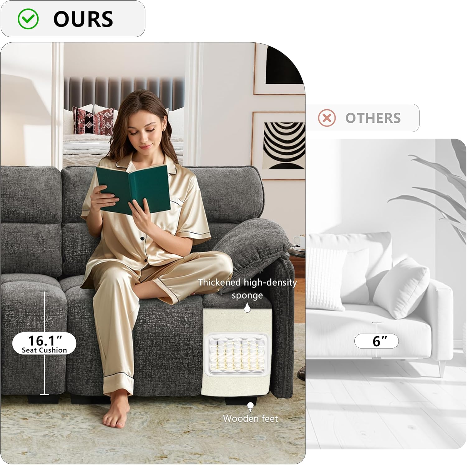 Urhanherry 134.6" Modular Sectional Sofa, U Shaped Sectional Couch with Ottoman, 5-Seat Chenille Boneless Couch with Removable Armrest for Living Room,Bedroom, Apartment(Grey)
