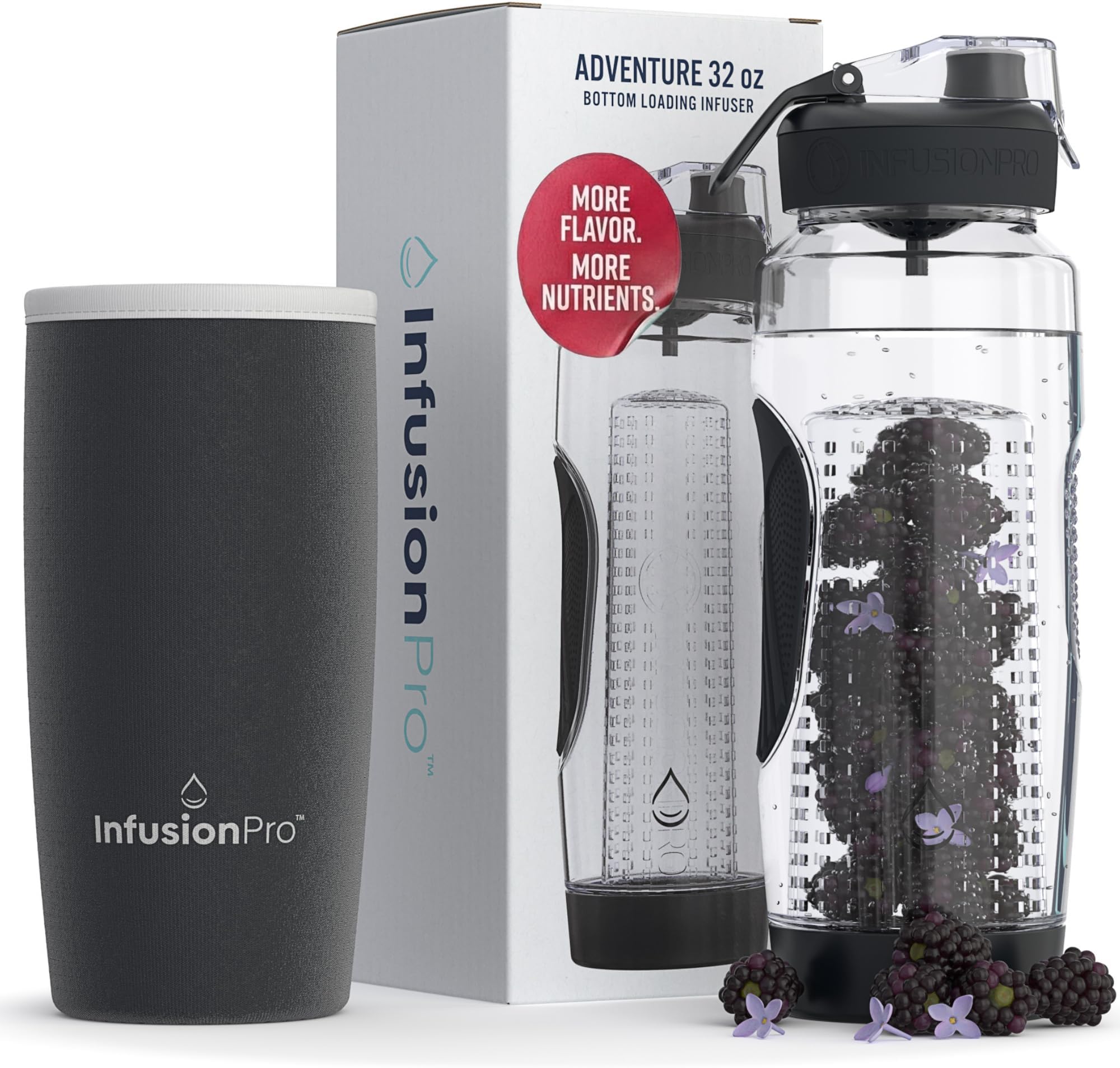 32 oz Fruit Infuser Water Bottle with Insulated Sleeve & 50 Recipe Fruit Infusion Water eBook : Bottom Loading, Large Water Infuser for More Flavor : Unique Gift Idea for Women